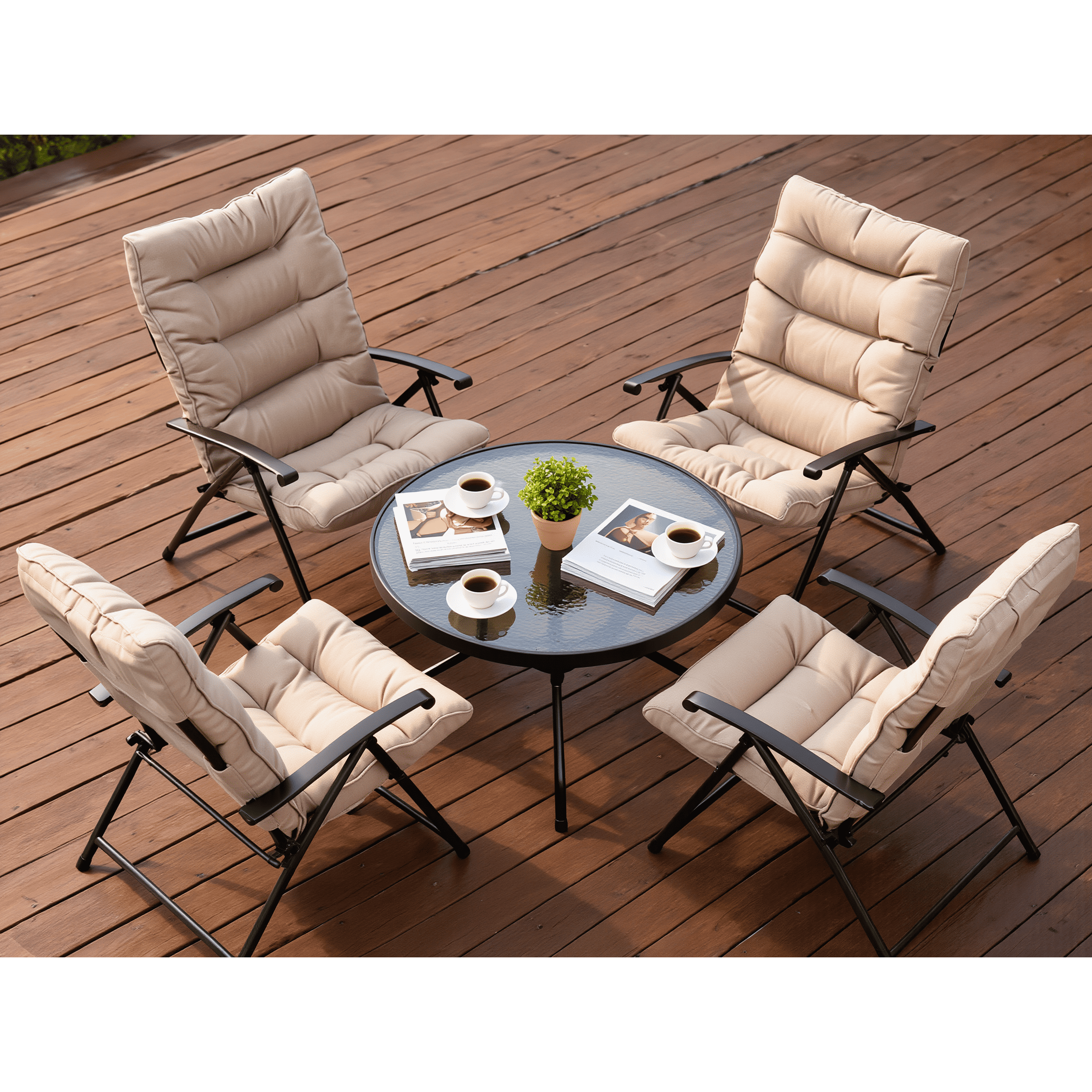 TEMU Santorini 5-piece Foldable Relax Set: 4 Reclining Chairs With 2 , Glass Coffee Table, Beige Cushions, Space-saving Design For Camping, Garden,
