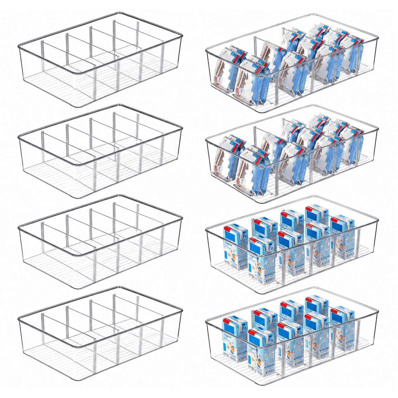 Refrigerator Organizer 8-piece Set – Kitchen Organizer With Removable Dividers, Stackable Transparent Storage Boxes, Tea Bag Organizer, Cabinet & Pantry Organization System