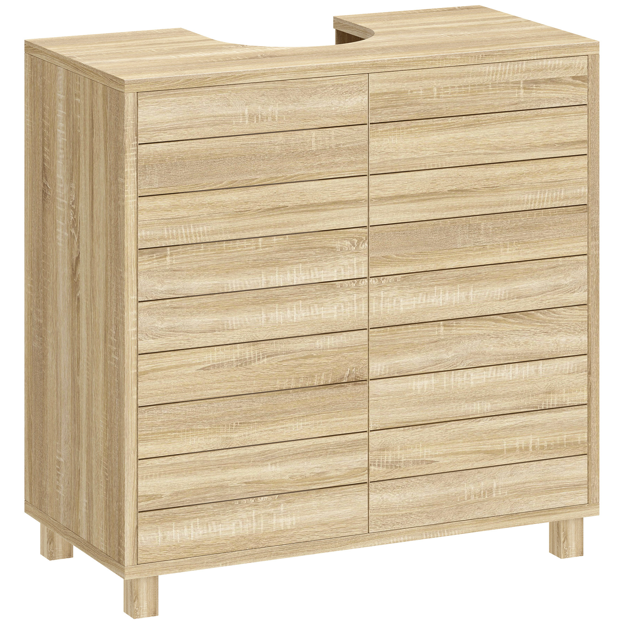TEMU Meuble sous Lavabo, Meuble de Salle de Bain avec Découpe U, Portes à Lattes, Étagère Réglable, Ouverture par Pression, 60 x 30 x 60 cm, Naturel