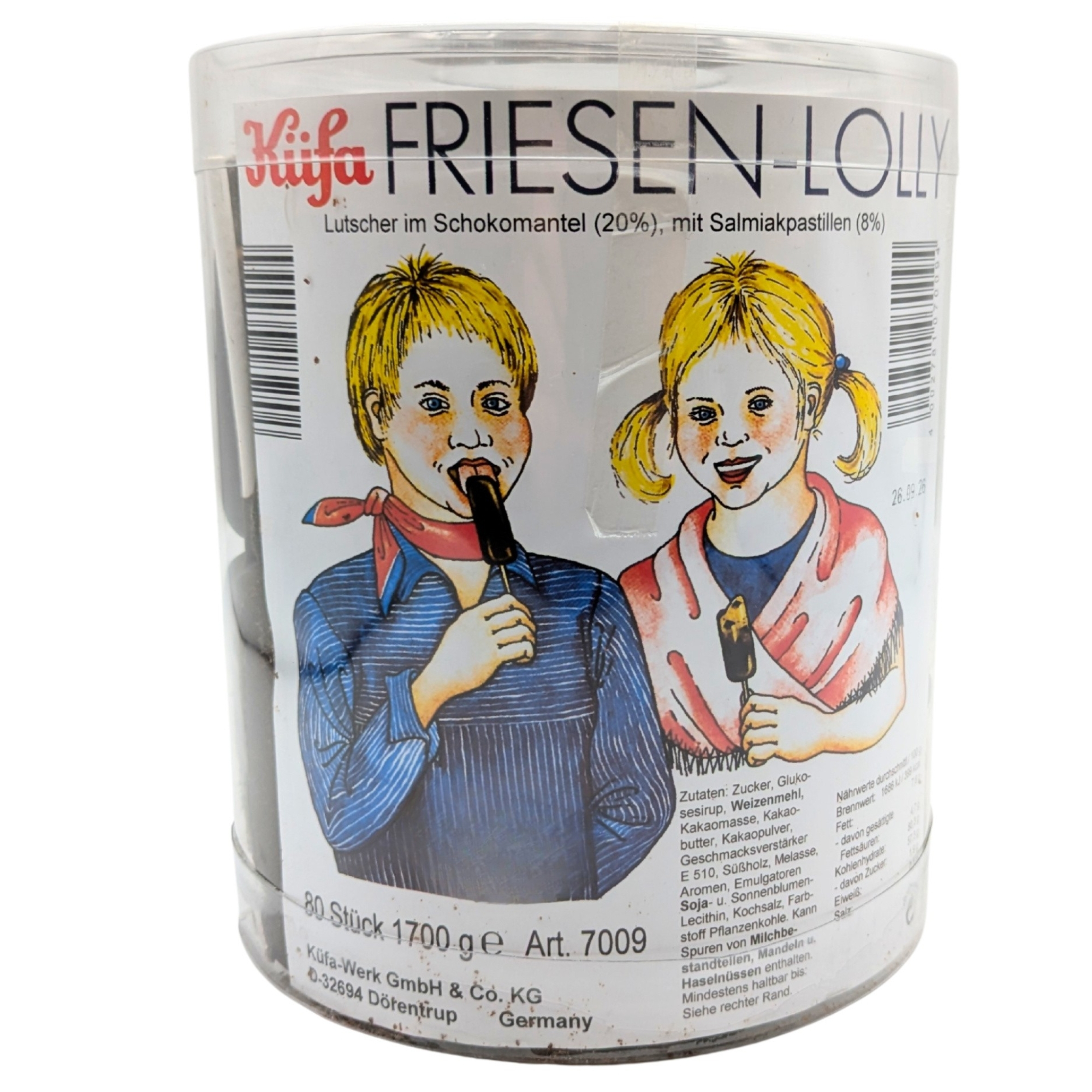 Image of Cube Friesen Lolly 80pcs 1700g Flat Salmiak Lollipop In Chocolate Coating In The Round Tin For The Party Office Sweets