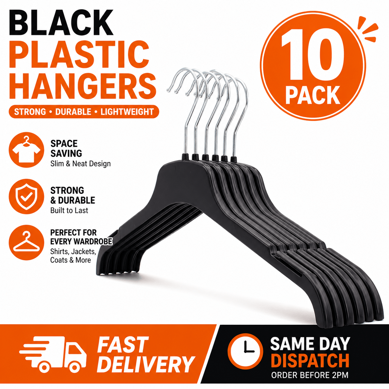 TEMU Manodu 10 Pack Black Plastic Clothes Hangers | Heavy Duty Wardrobe Hangers With Shoulder Notches | Space Saving Coat Shirt Trouser Hangers For