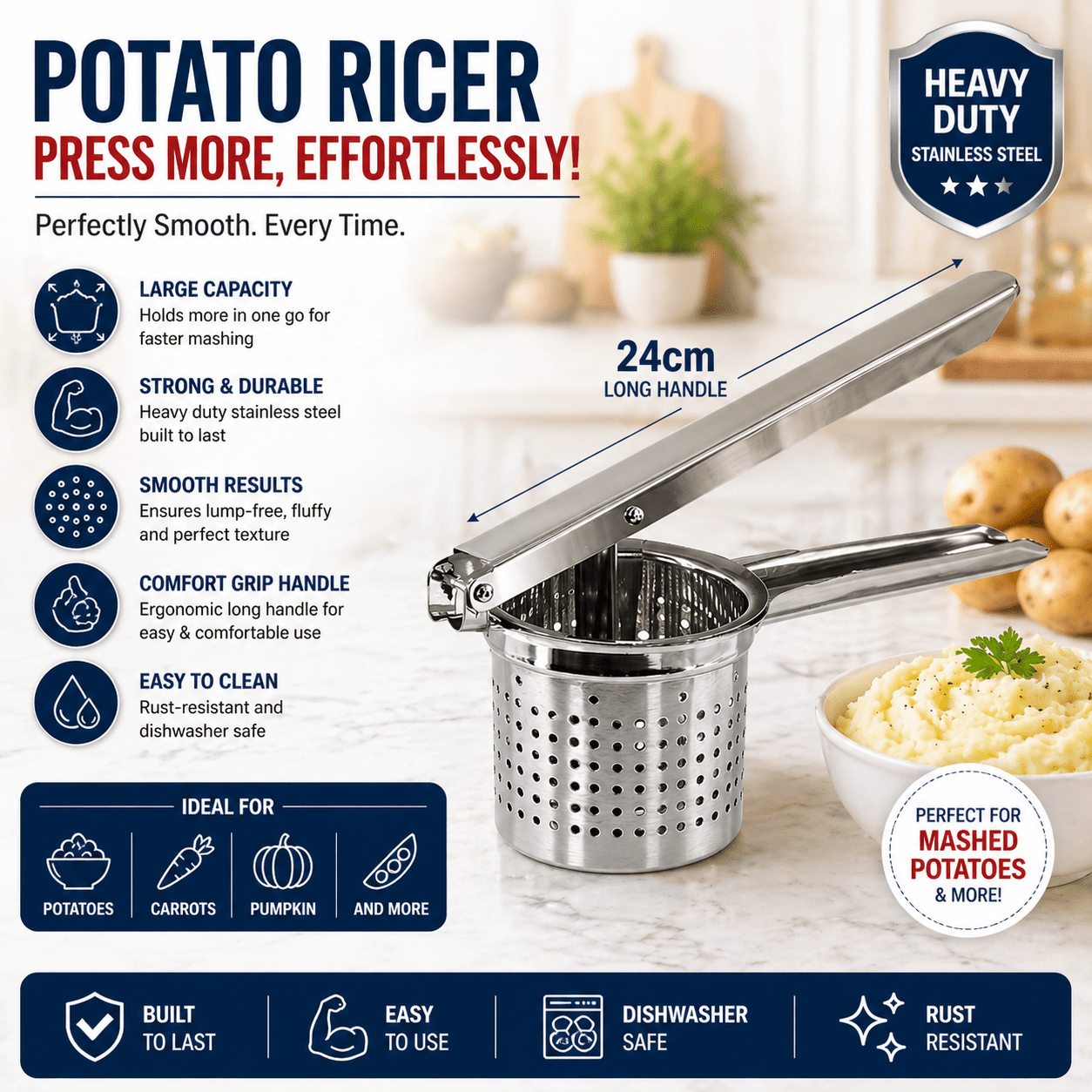 TEMU Stl Heavy Duty Stainless Steel Potato Ricer, Multipurpose Masher & Juicer For Potatoes, Vegetable Puree, Spaetzle & Fruit Press, Dishwasher Safe