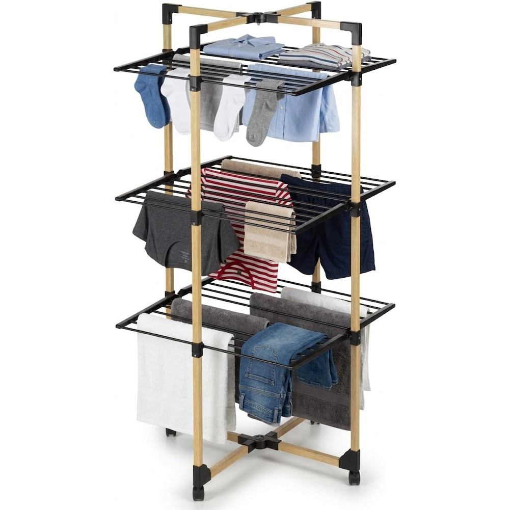 Bakaji Folding 3-tier Tower Laundry Rack With Space- Closure, Vertical Multi-level Drying Rack With Wheels, Resistant And Stable Wooden Effect Structure