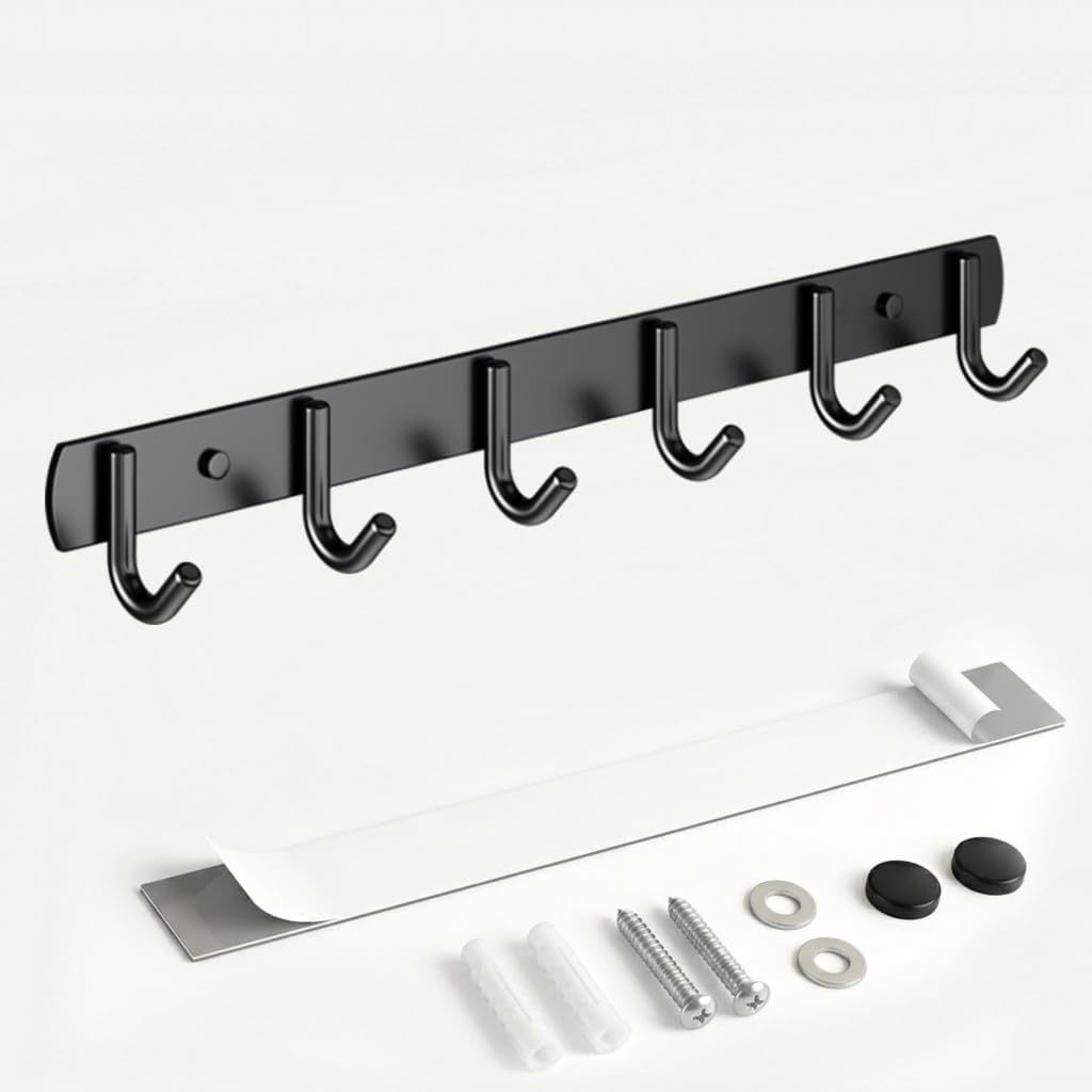 TEMU Perchero de Pared con 6 Ganchos, Acero Inoxidable 304 Negro, Colgador Multifuncional para Entrada, Baño y Cocina, Instalación sin Taladro