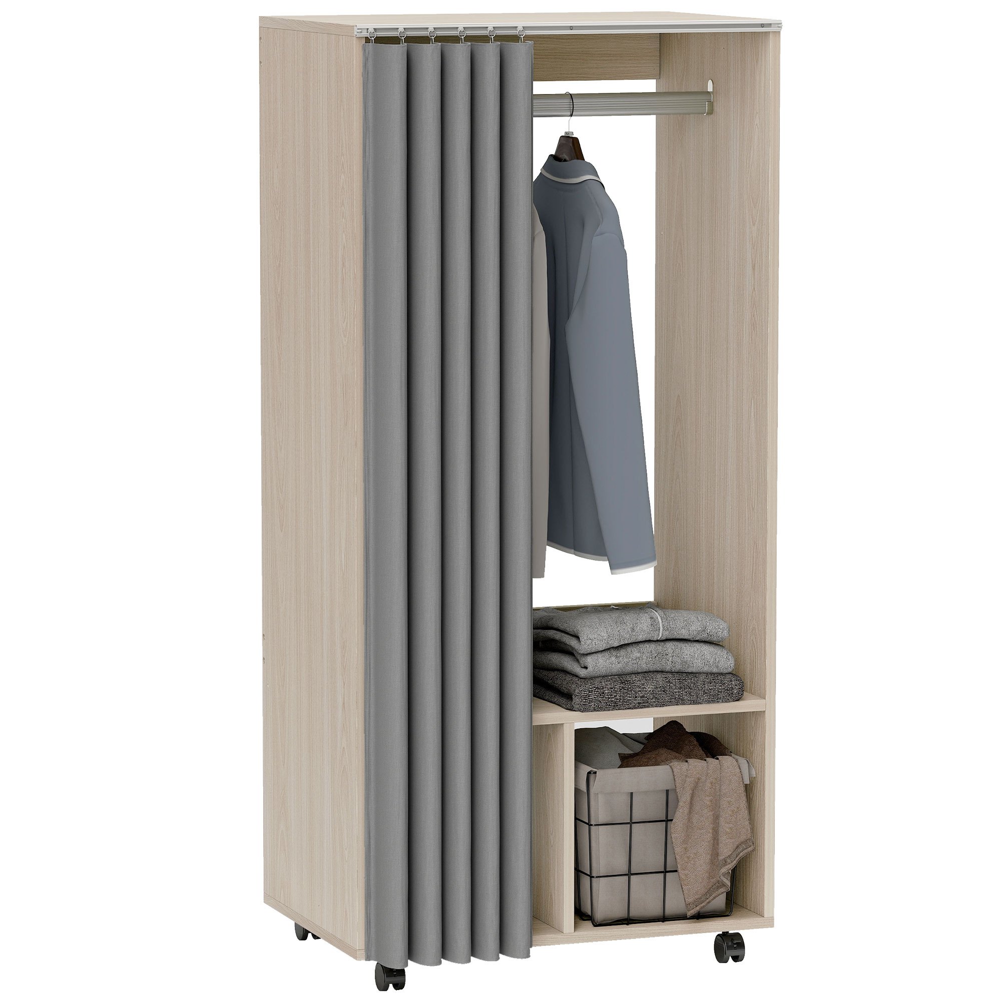 TEMU HOMCOM Armoire penderie mobile dressing avec rideau armoire de rangement 4 roulettes avec tringle de suspension et étagères, penderie vêtement