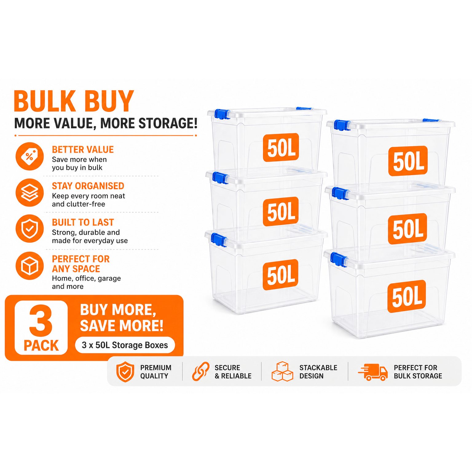 3 x 50L Plastic Storage Boxes with Lids & Clips