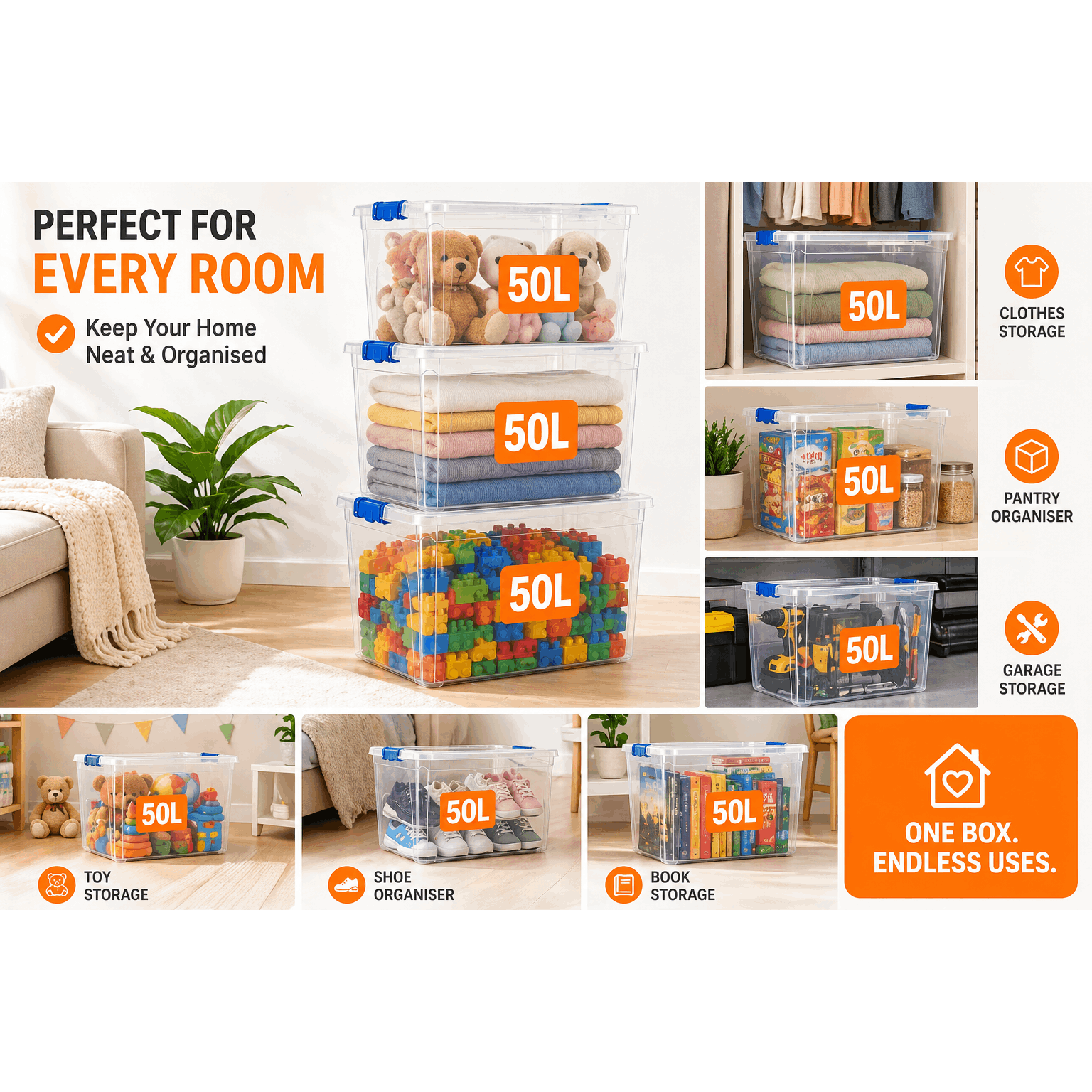 3 x 50L Plastic Storage Boxes with Lids & Clips