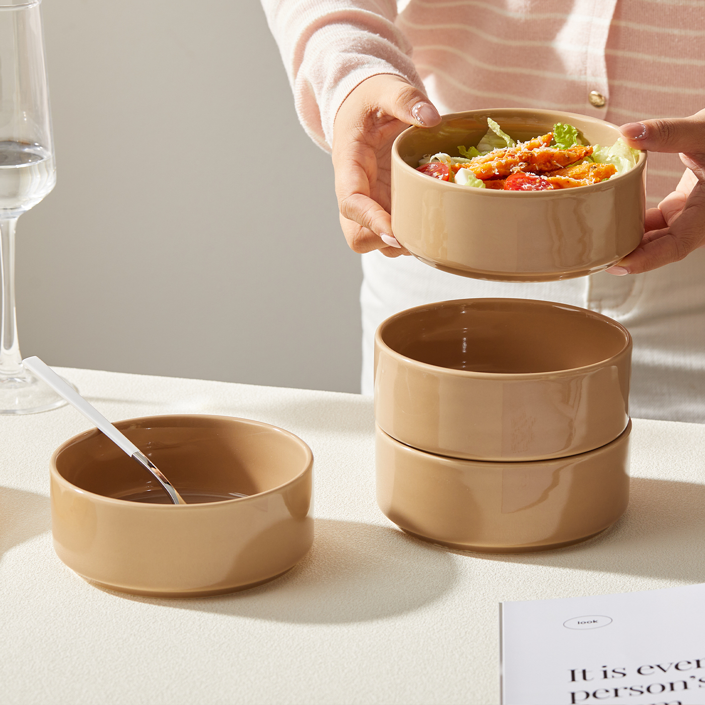 TEMU Set de 4 à soupe en céramique, Ø13,5 cm, 510 ml, 6 pouces, bol pour petit-déjeuner, bol à céréales, bol à d'avoine, bol à salade, bol à légumes,