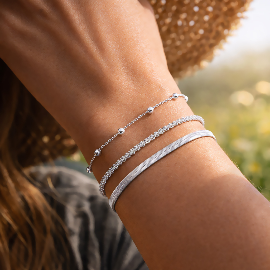 Image of 925 Silver-plated 3pcs Ladies' Bracelet Set - Stackable Chain Bracelets & Arm Chain, Adjustable Silver-colored Bracelets For Women & Girls, Gift Idea, 16 Cm + 5 Cm Extension