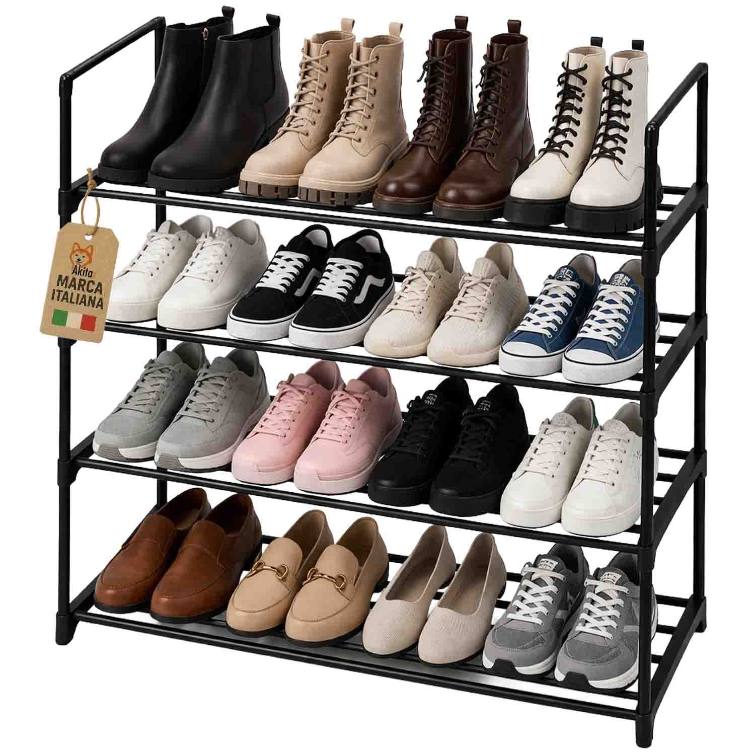 Akitaink 4-tier Metal Shoe Rack - Space- Shoe Shelf For 20 Pairs, Sturdy Structure, Black, 65.5x29.5x72 Cm