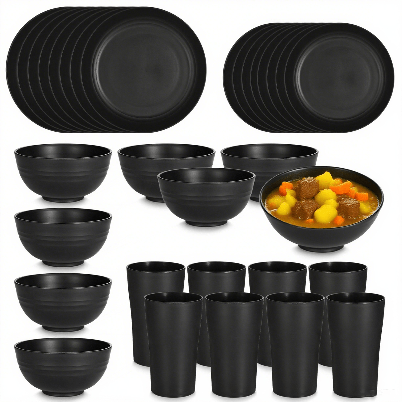 32-piece Black Plastic Dinnerware Set, Durable, Microwave And Dishwasher Safe, Includes Dinner Plates, Dessert Plates, Bowls, And Cups For The Kitchen