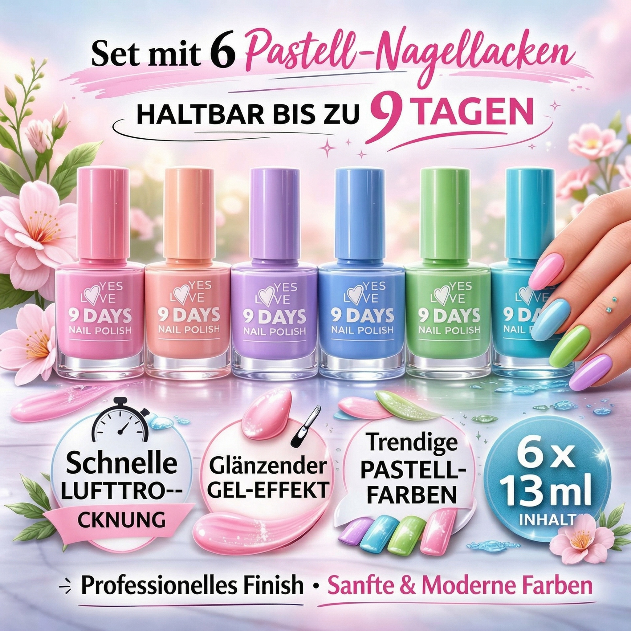 E-shop Set mit 6 Pastell-Nagellacken, 6 x 13 ml – Langanhaltend 9 Tage – Gel-Glanzeffekt – Schnelltrocknend – Trendige sanfte Farben – Professionelles