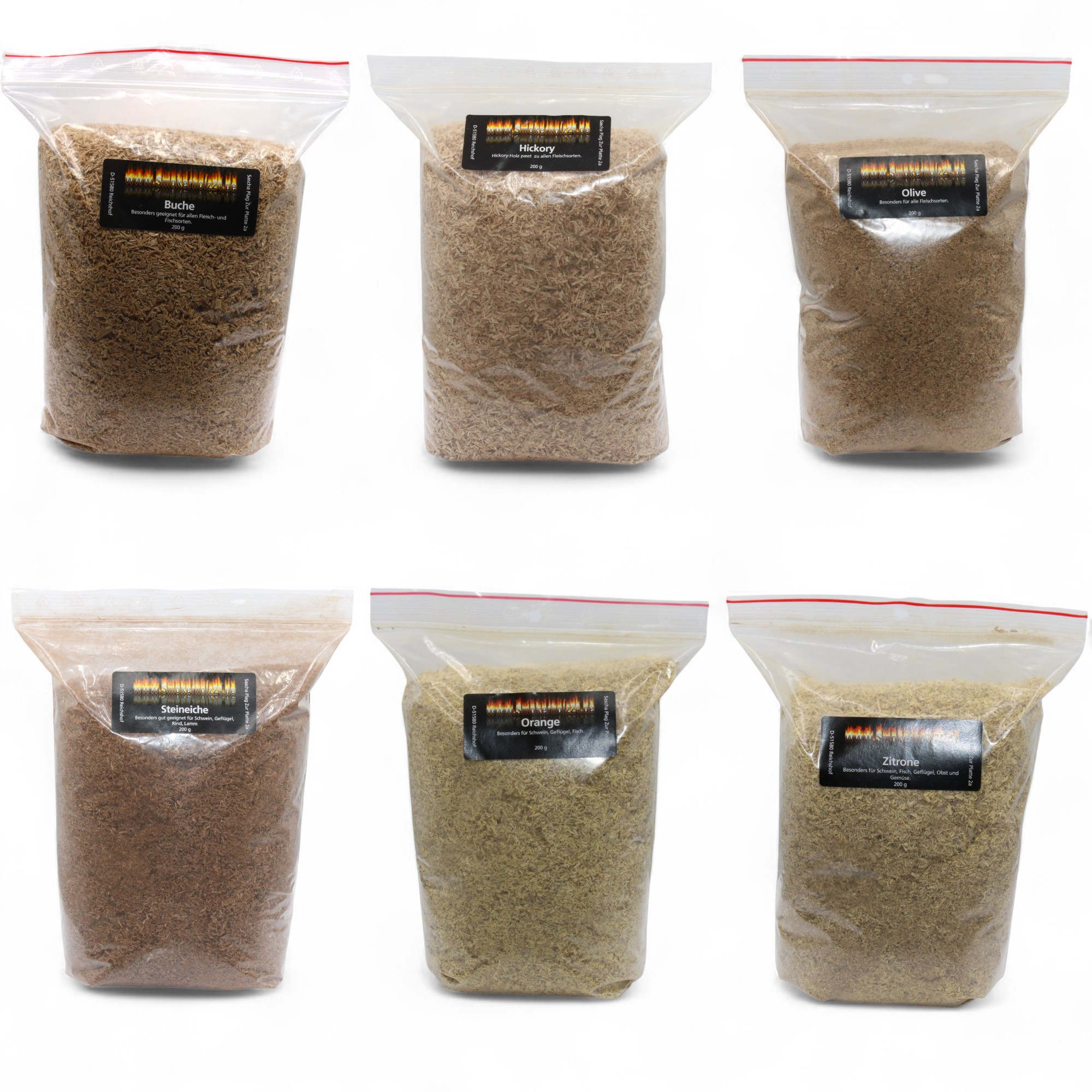 Smoking Flour Mix Set 6×200 G – For Cold Smoking Devices & Cold Smoking – , , Olive, Holm Oak, Orange & Lemon