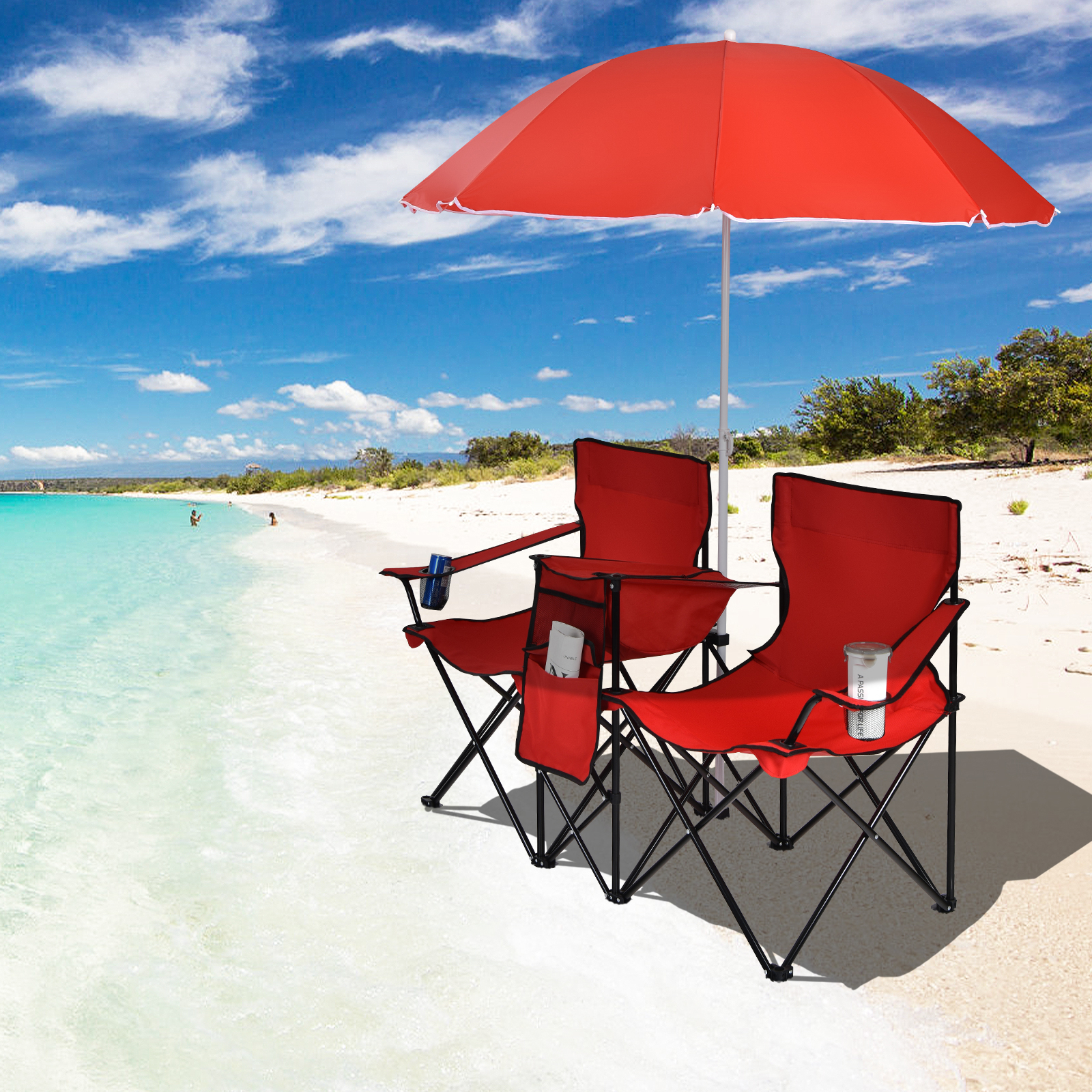 Image of Double Folding Camping Chairs With Removable And Adjustable Umbrella, Loveseat Camp Chairs With Mini Table
