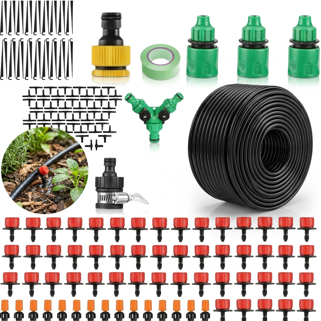 E-shop 50m Automatisches Tropfbewässerungs-Set mit Schnellverbinder, DIY-Bewässerungs- und Sprühsystem mit 1/4-Zoll-Verteilungsschlauch, Düse, ,