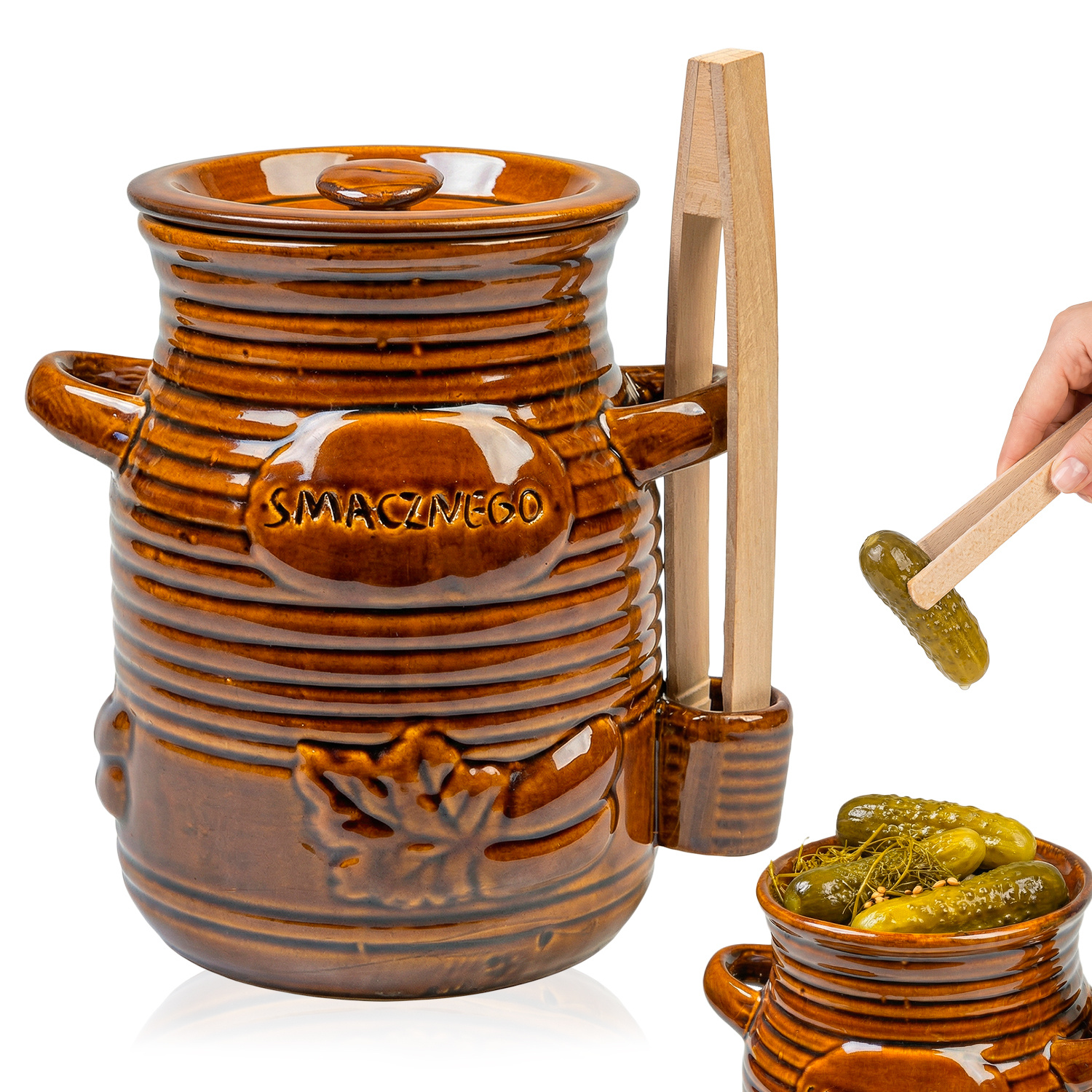 Image of Ceramic Grooved Container Truck 3.5l With Tongs For , Pickles, Sourdough - Traditional Grooved Design Ensures Durability And Aesthetics
