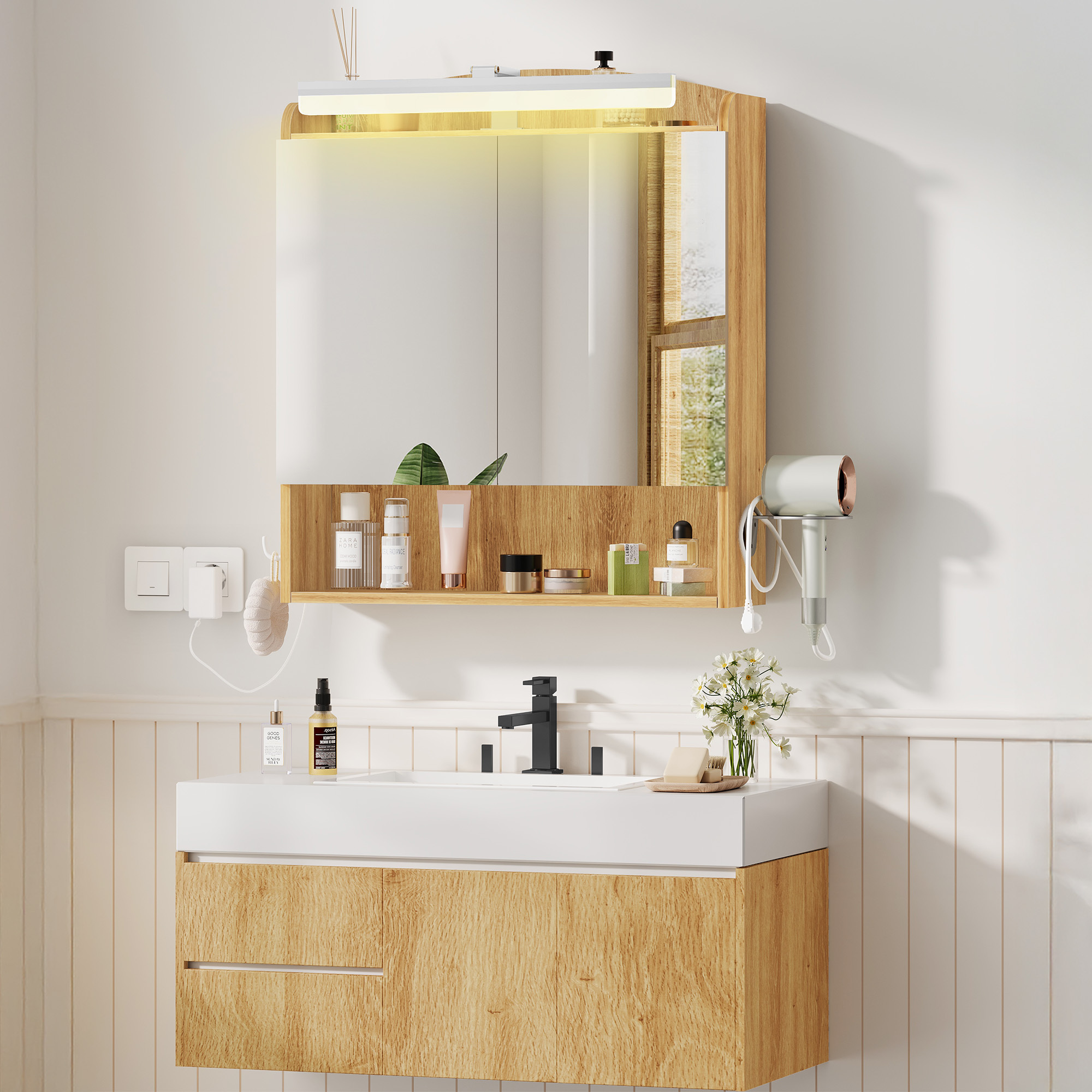 TEMU Armadietto Specchiato da Bagno con Illuminazione, Mobiletto da Bagno con Specchio, Mobiletto a Parete, Porta Asciugacapelli e Ganci, con Spina,