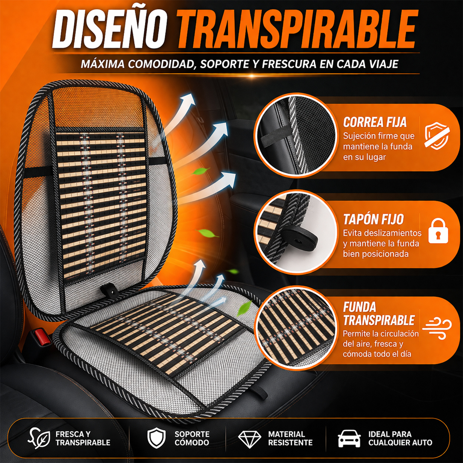TEMU de Asiento de Bambú para Verano | Cojín y Transpirable | Antisudor, Antideslizante | Para Coche y Oficina