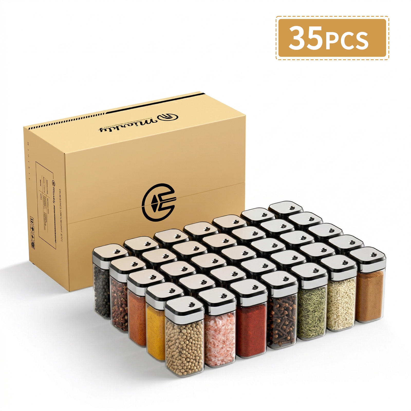 35pcs Square Spice Cans, 120 Ml Glass Bottles For Spices - Spice Can Set - Spice Storage Box - Spice Cans With Rotating Pouring Lid, Labeled - Spice Cans, Cans