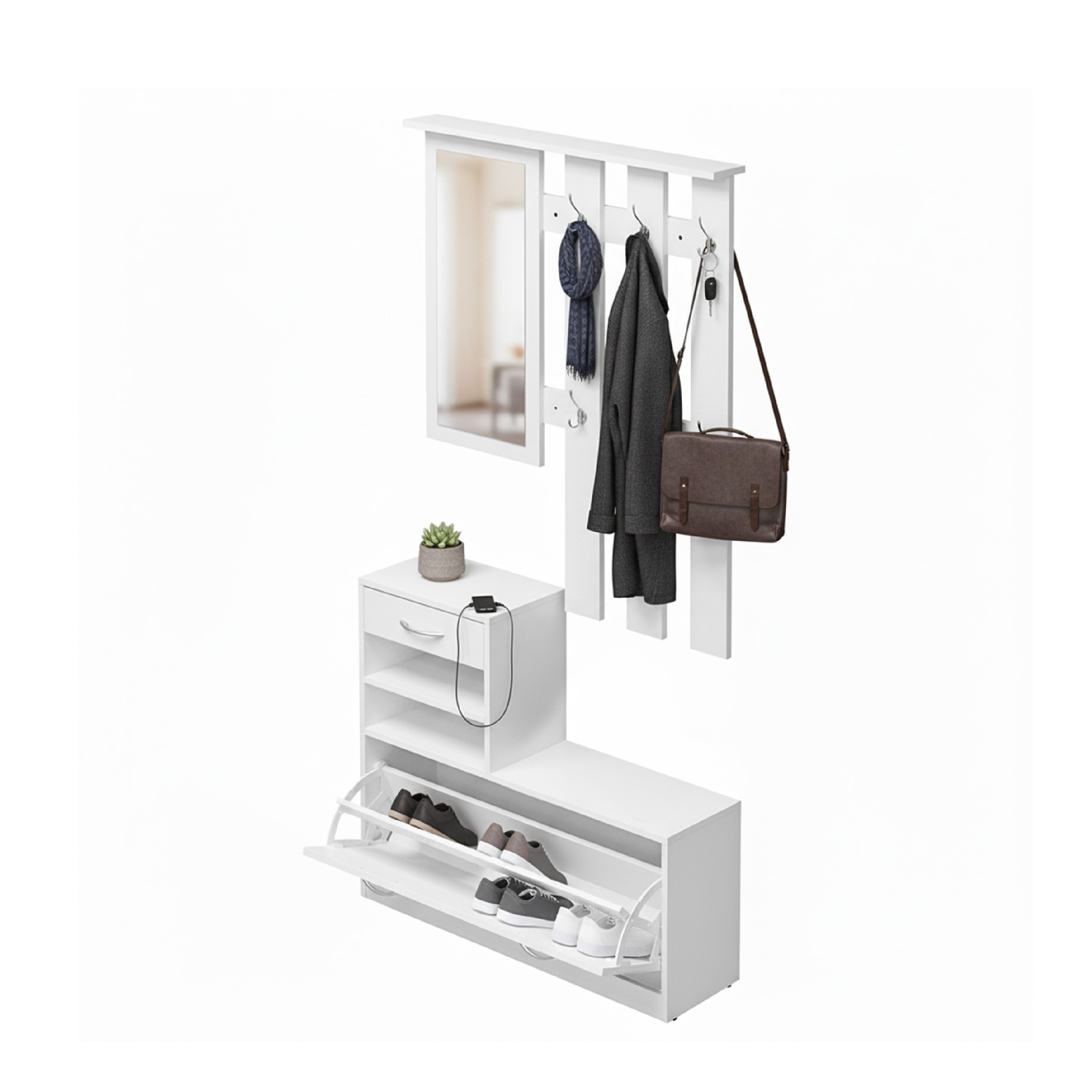 Baroni Home Mobiele Entree 3-delige set met kapstok, wandhaken en spiegel, bank schoenrek, ruimtebesparende set, 24X90X180Cm