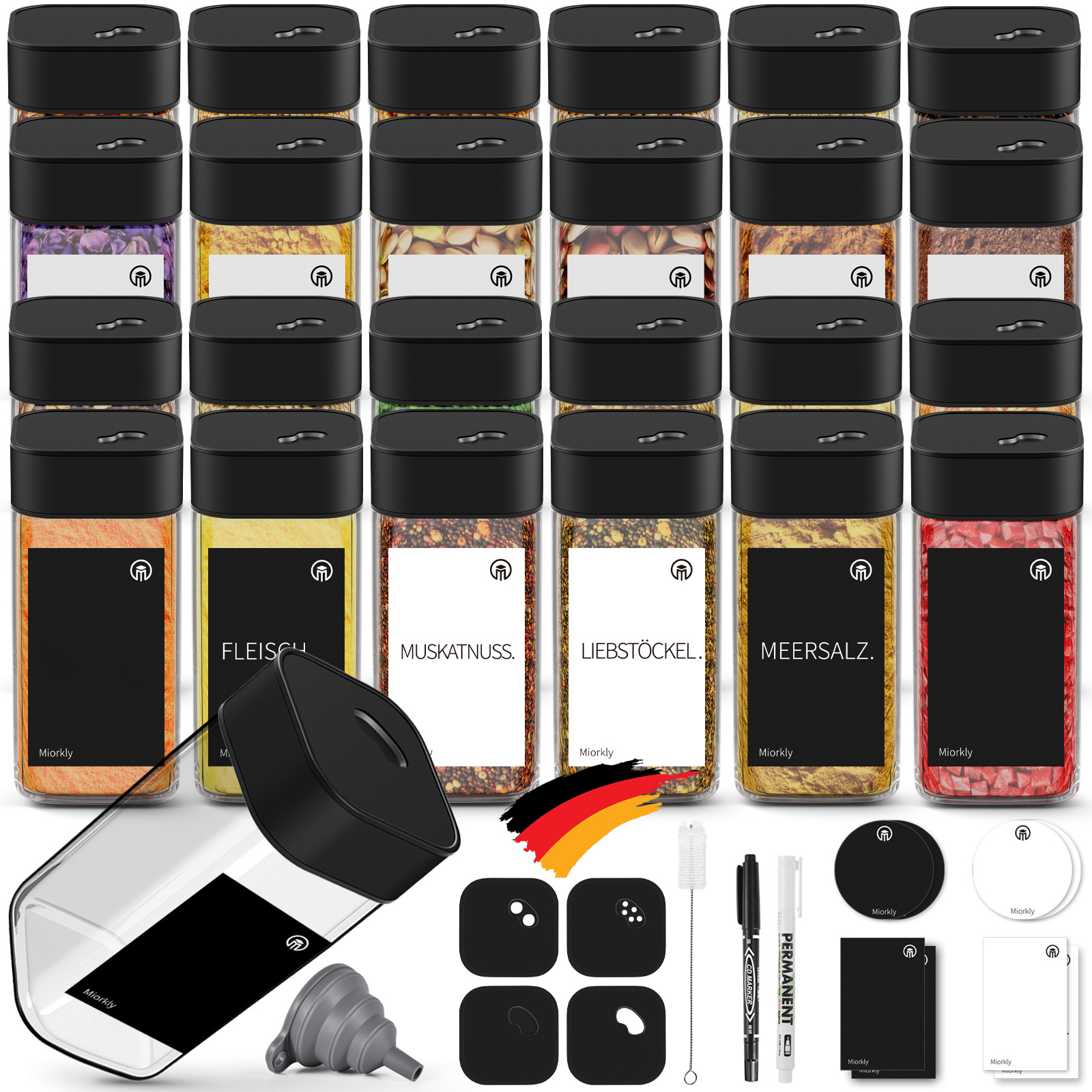 E-shop 24er Set Gewürzgläser Eckig - mit Schwarz Edelstahl Drehdeckel, 120ML Gewürzstreuer Set mit Streueinsatz,Hochwertige Gewürzdosen,Glas Gewürz