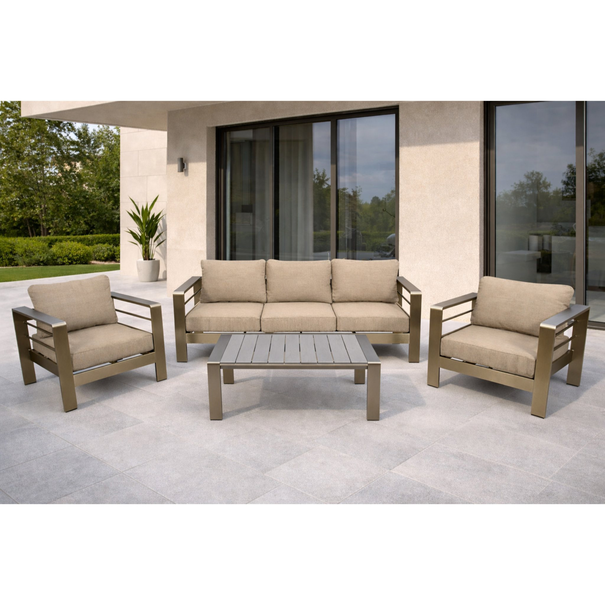 4pcs Lounge Set, Brushed Aluminum + Gray Artificial Wood, Light Gray Upholstery