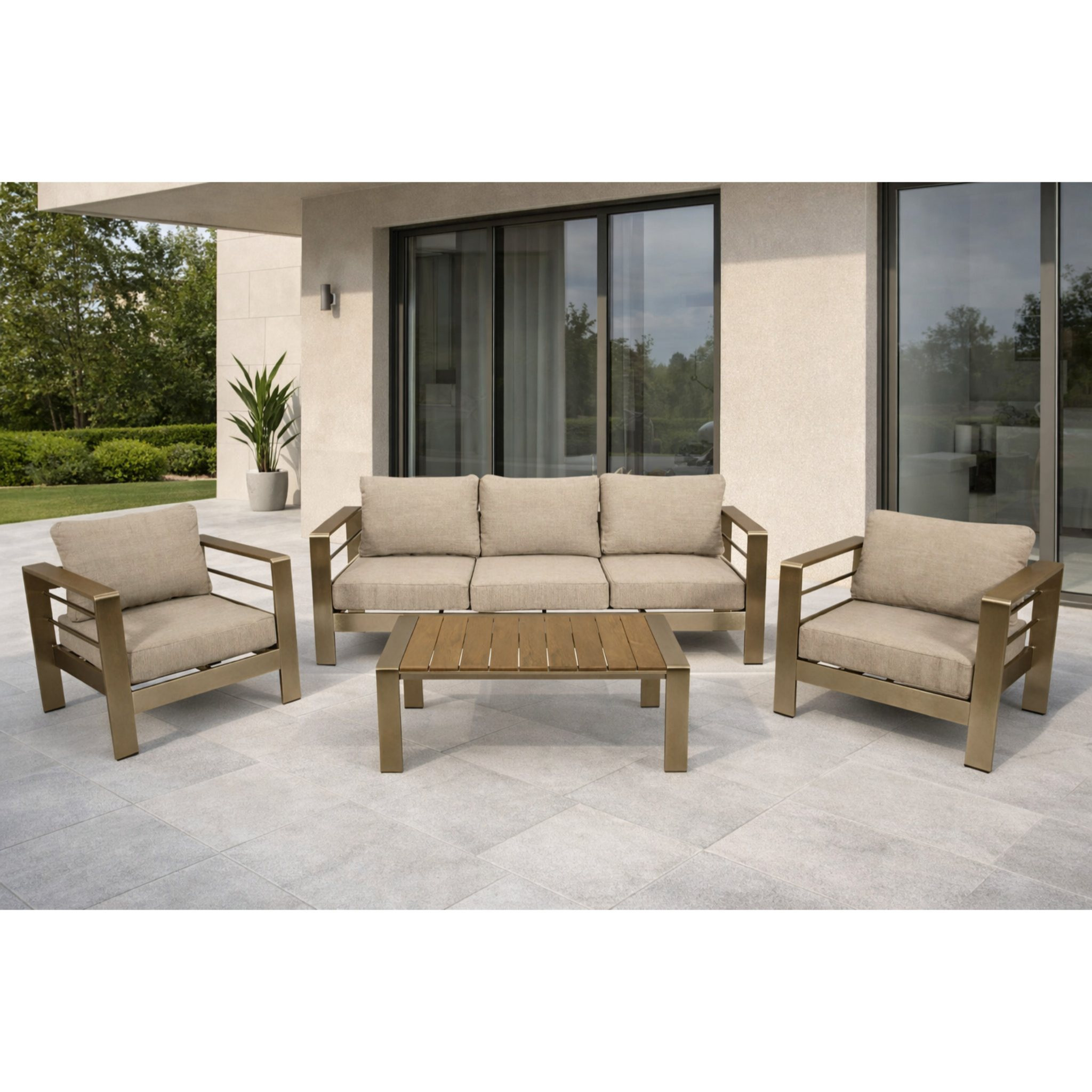 4-piece Lounge Set, Brushed Aluminum + Brown Wood, Light Gray Cushions