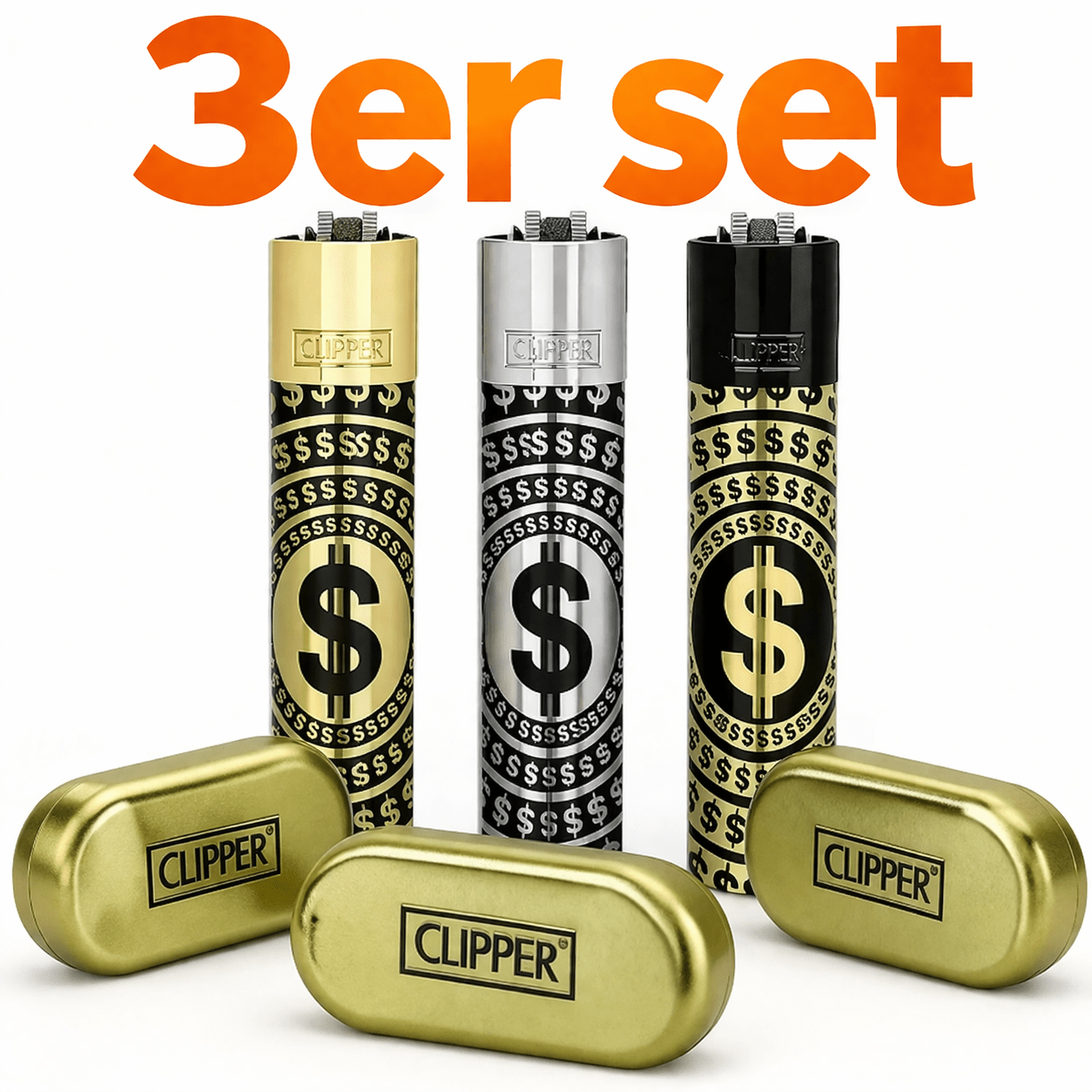 E-shop Clipper Feuerzeug 3er Set (Gold/Silber/Schwarz) – Dollar Design + 3x Gold Geschenkbox – Nachfüllbar