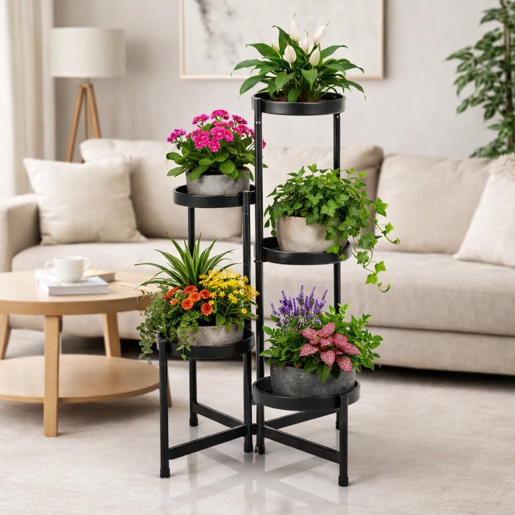 Image of 5-tier Metal Plant Stand For Living Room - Foldable Indoor Flower Stand, Black Metal Plant Shelf, Living Room Flower Rack