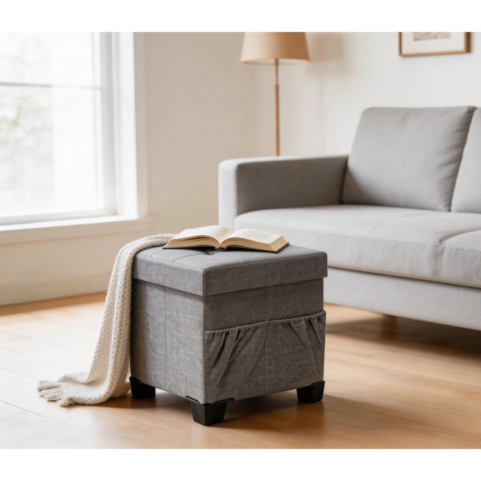 Image of Ottoman With Storage, Footstool With Wooden Legs, Storage Box With Lid, Loadable Up To 300 Kg, For Living Room, Bedroom & Hallway, Grey