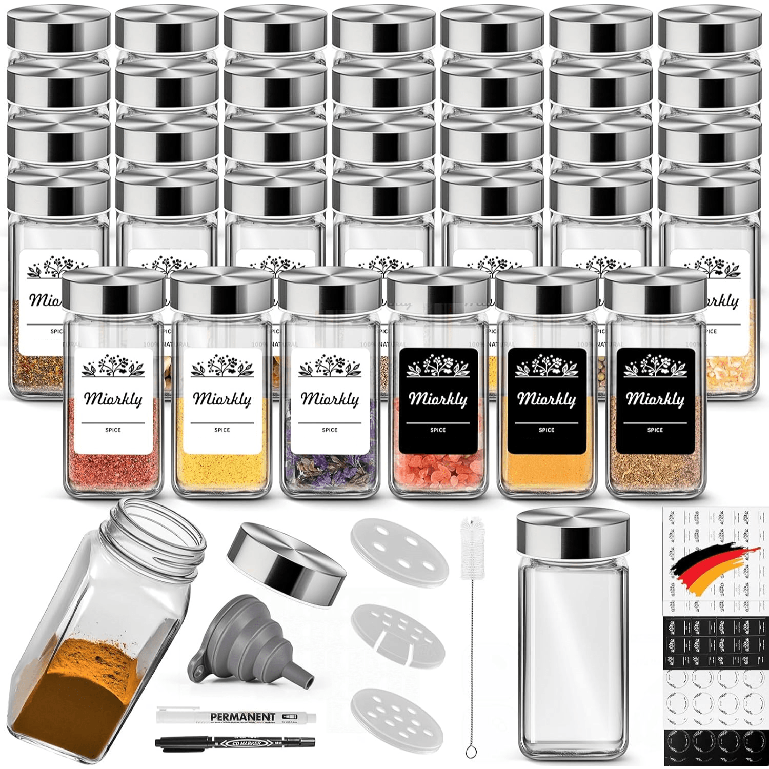 E-shop 35pcs Gewürzgläser quadratisch mit Gewürzspender, Edelstahldeckel Gewürzgläser 120ml, Gewürzgläser Set, Glasgewürzstreuer mit Spenderaufsatz,