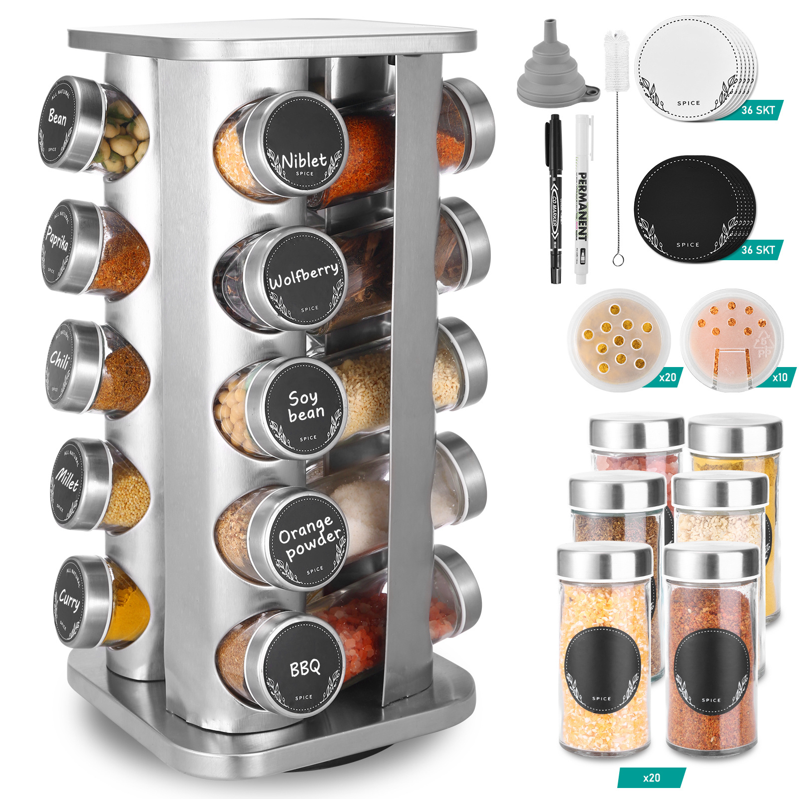 Square Spice Rack With 20 Round Spice Jars, A 360° Rotating Spice Carousel, Spice Organizer, Vertical Spice Stand, Spice Jars With Spray Bottles, Spice Containers