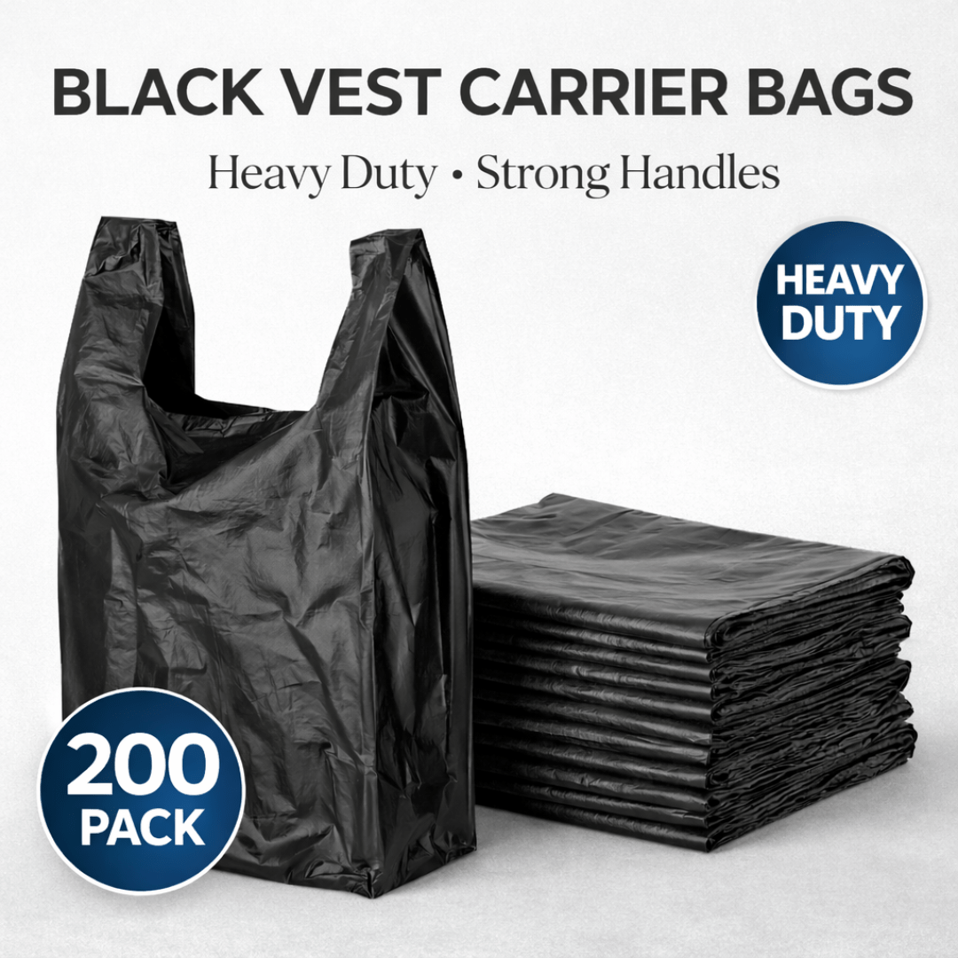 TEMU 200 Pack Black Heavy Duty Plastic Vest Carrier Bags – Strong Handle Shopping, Grocery, Retail And Takeaway Bags For Supermarkets, Convenience