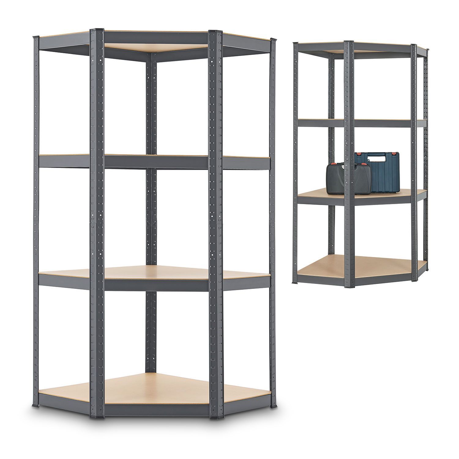 E-shop Eckregal Lageregal Corner Easy 160 x 75 x 40-75 cm - 320 kg, 4 Böden MDF Holz - Metall verzinkt - Schwerlastregal Steckregal Kellerregal