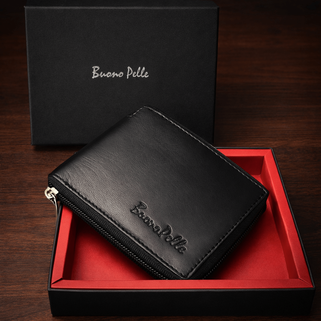 TEMU Mens Genuine Leather Wallet Black Rfid Blocking Soft Bi Fold Zip Around- Card Slots - Id Window And Coin Pocket