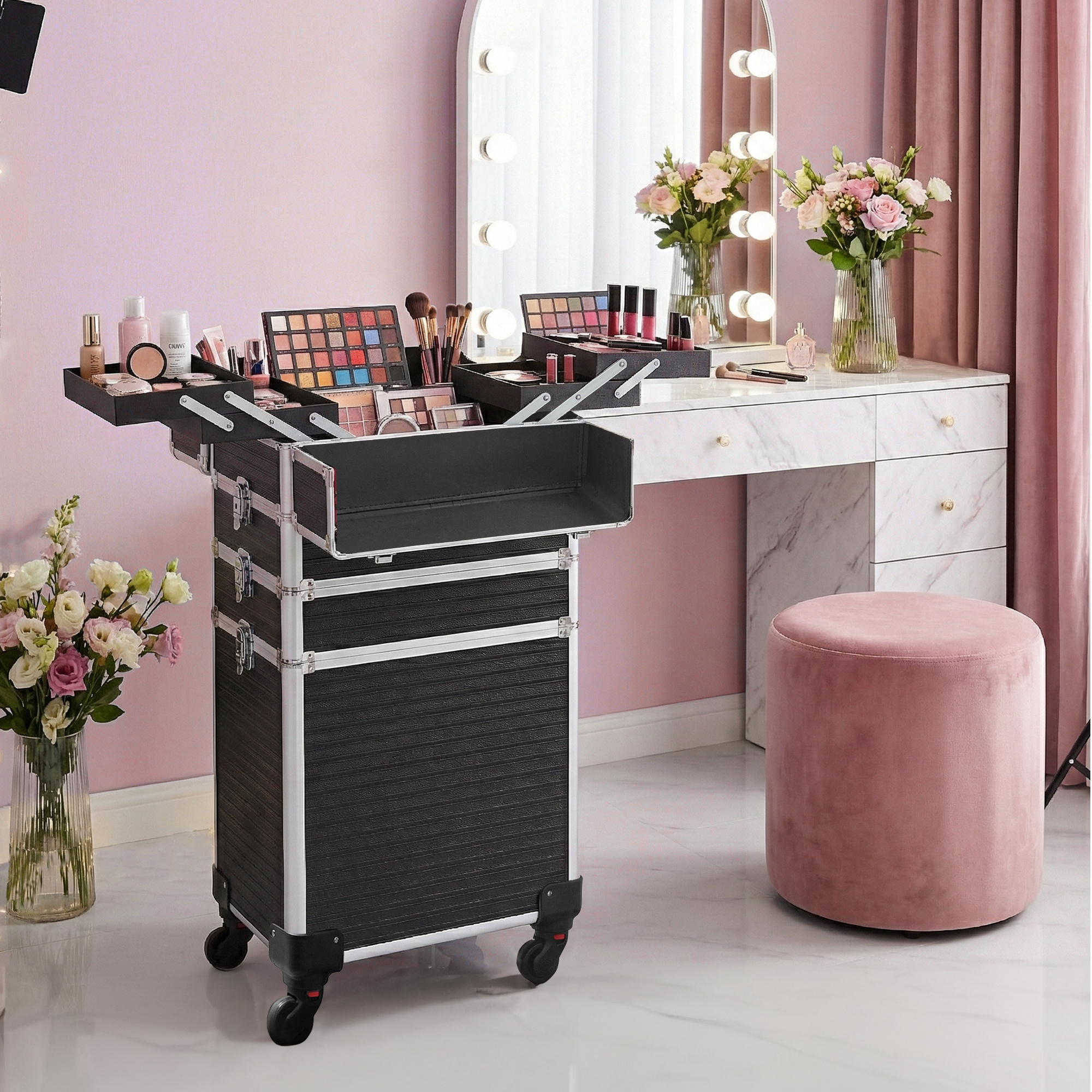 TEMU Mallette Cosmétique, Valise de Maquillage Professionnel 4-en-1, XXL, 34 x 24 x 79,3 cm, Verrouillable, roulettes à 360°, pour , Coiffure, Noir