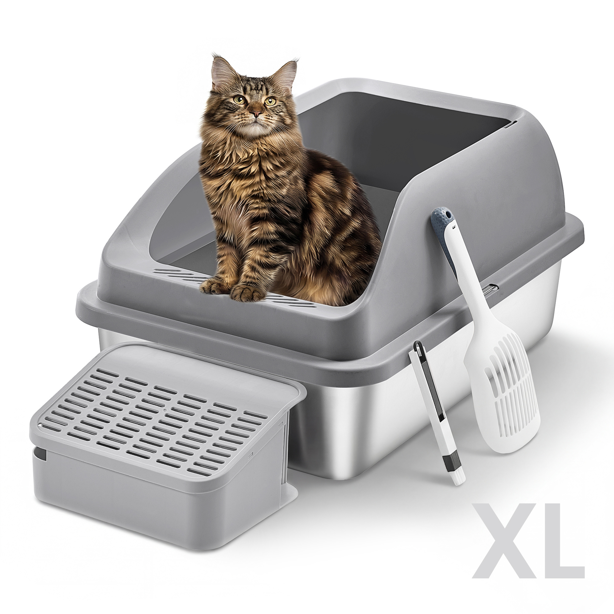 TEMU Litter Box For Cats In Stainless Steel, High Tray With Top Opening, Step, Shovel, Brush, For Cats Up To 15 Kg