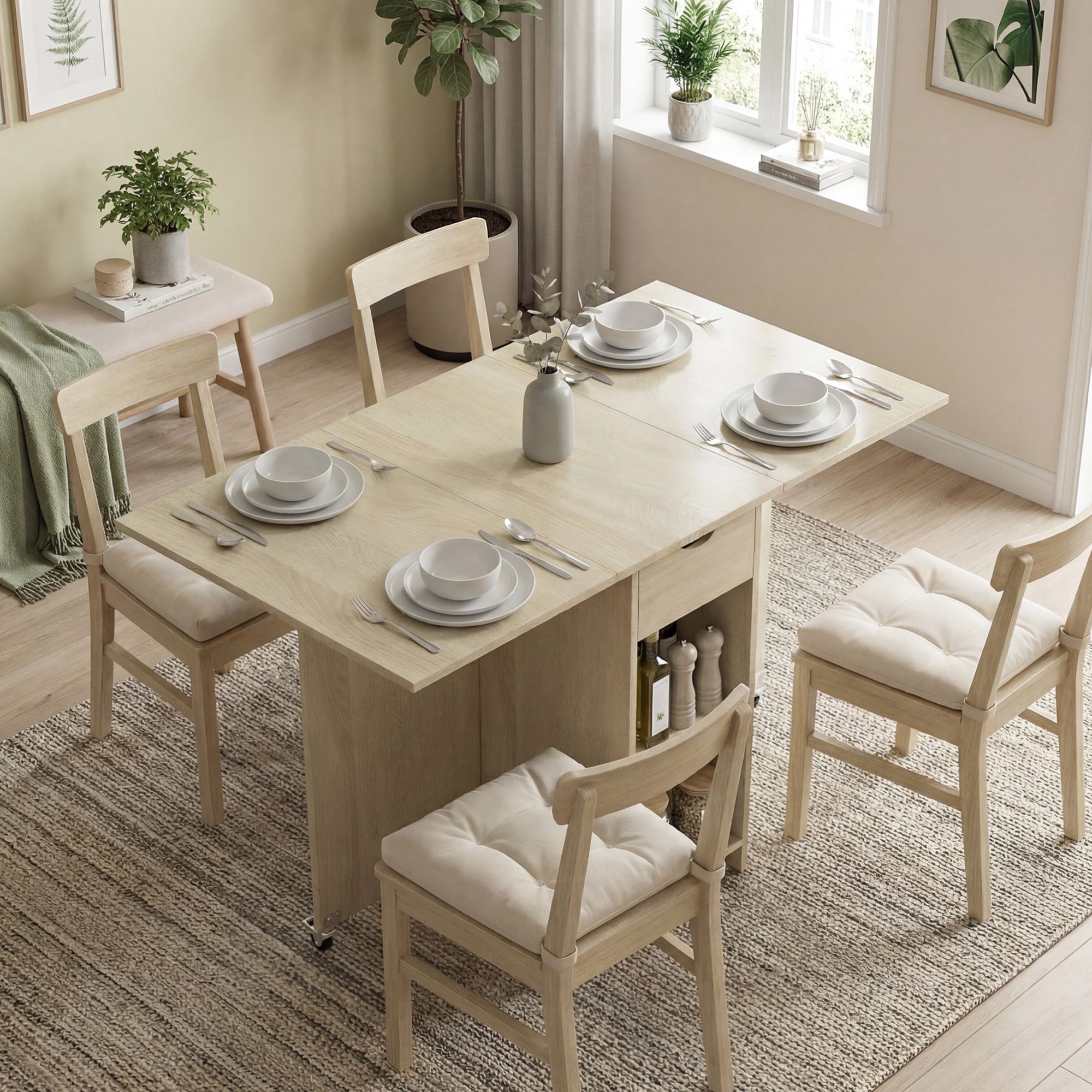 Image of Folding Dining Table, Kitchen Table With Drawer And 2 Shelves For 2-, Modern Dining Table Folding Table For Small Spaces, Dining Room, Kitchen, 114.5 X 70 X 75 Cm, Natural.