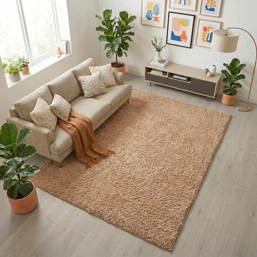 High-pile Carpet Plush Beige Solid-colored - Soft Shaggy Carpet For Living Room, Bedroom, And Children's Room