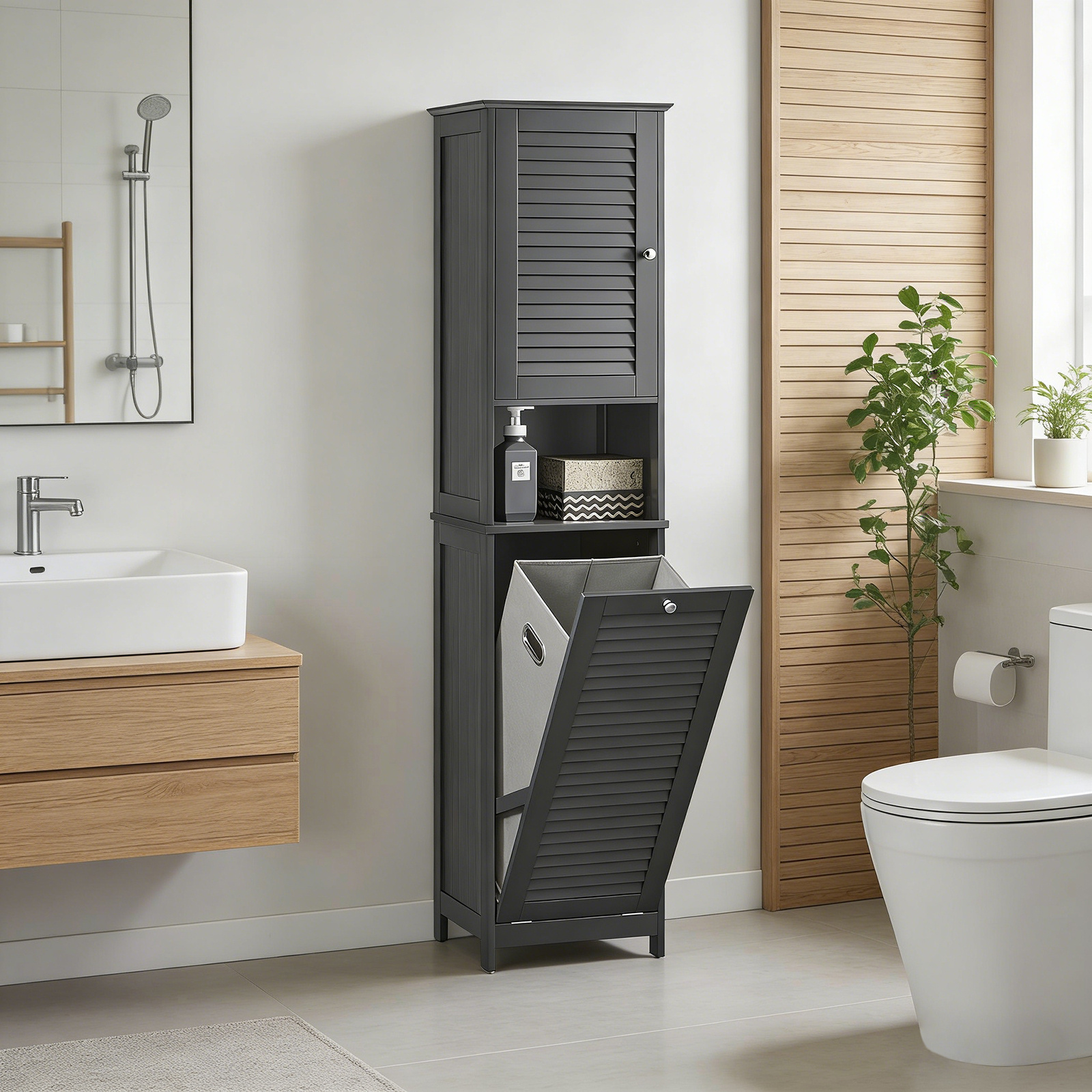 Image of High Bathroom Cabinet With Hidden Laundry Basket, Open Compartment, Adjustable Shelves, Slim Storage Cabinet For Bathroom Or Laundry Room, Gray, 40x170x38cm - Cas235-eh
