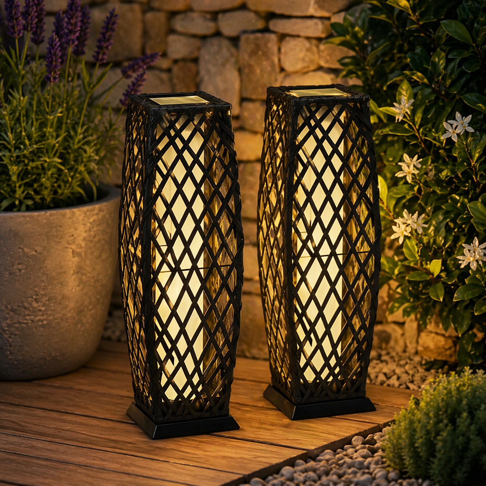 TEMU Set Of 2 Solar Rattan Lantern Floor Lamps Led Garden Pathway Lights Charcoal