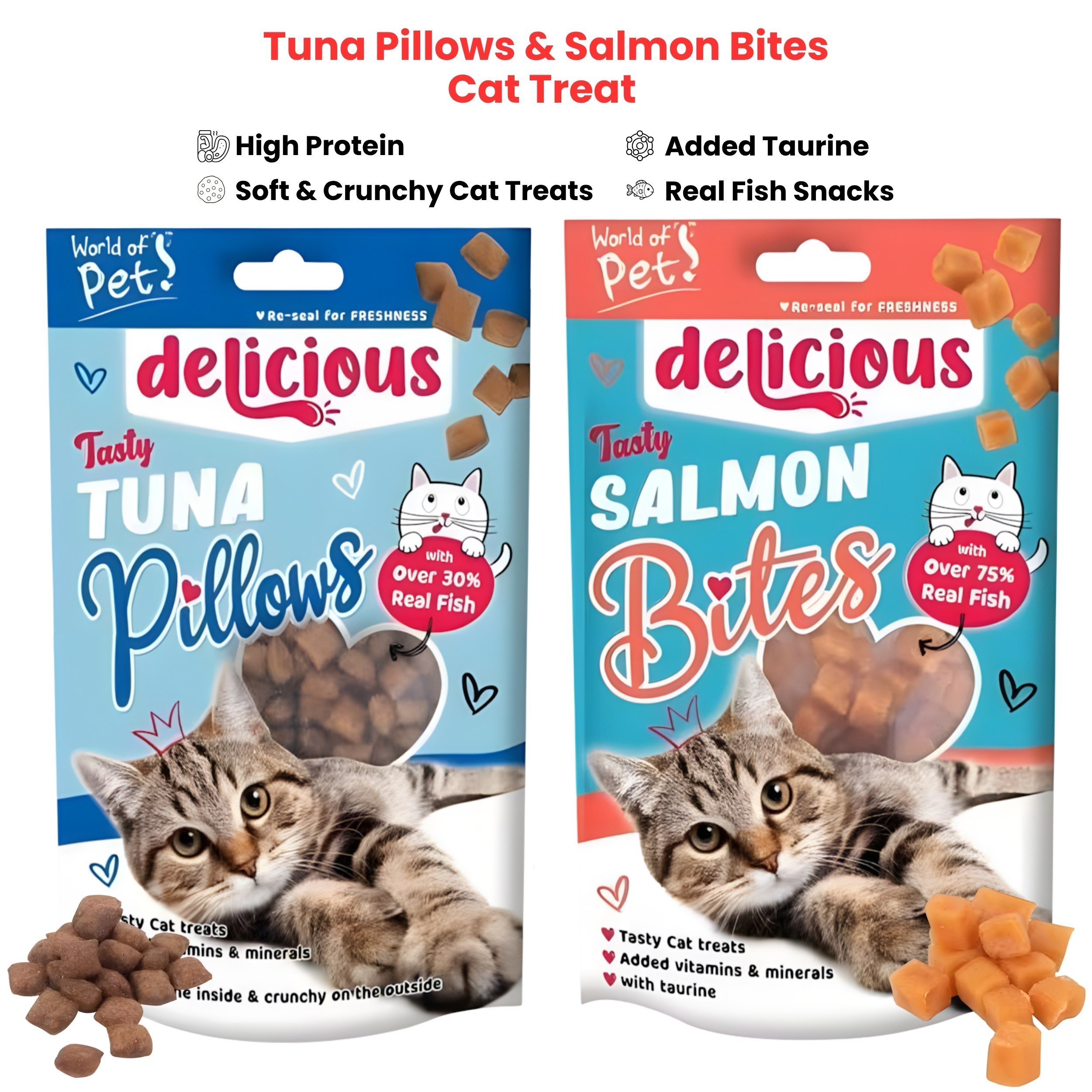 TEMU 2pack Tuna Pillows And Salmon Bites Cat Food Treat Set, High Protein Snacks, Soft & Crunchy Cat Treats With