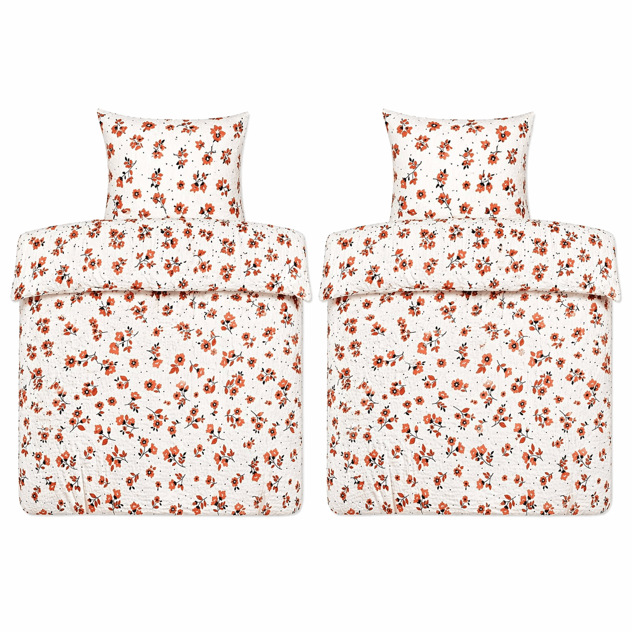 4pcs. Seersucker Bed Linen, 2x (135x200 +80x80cm), Wrinkle-free, White, Floral Pattern, 100%