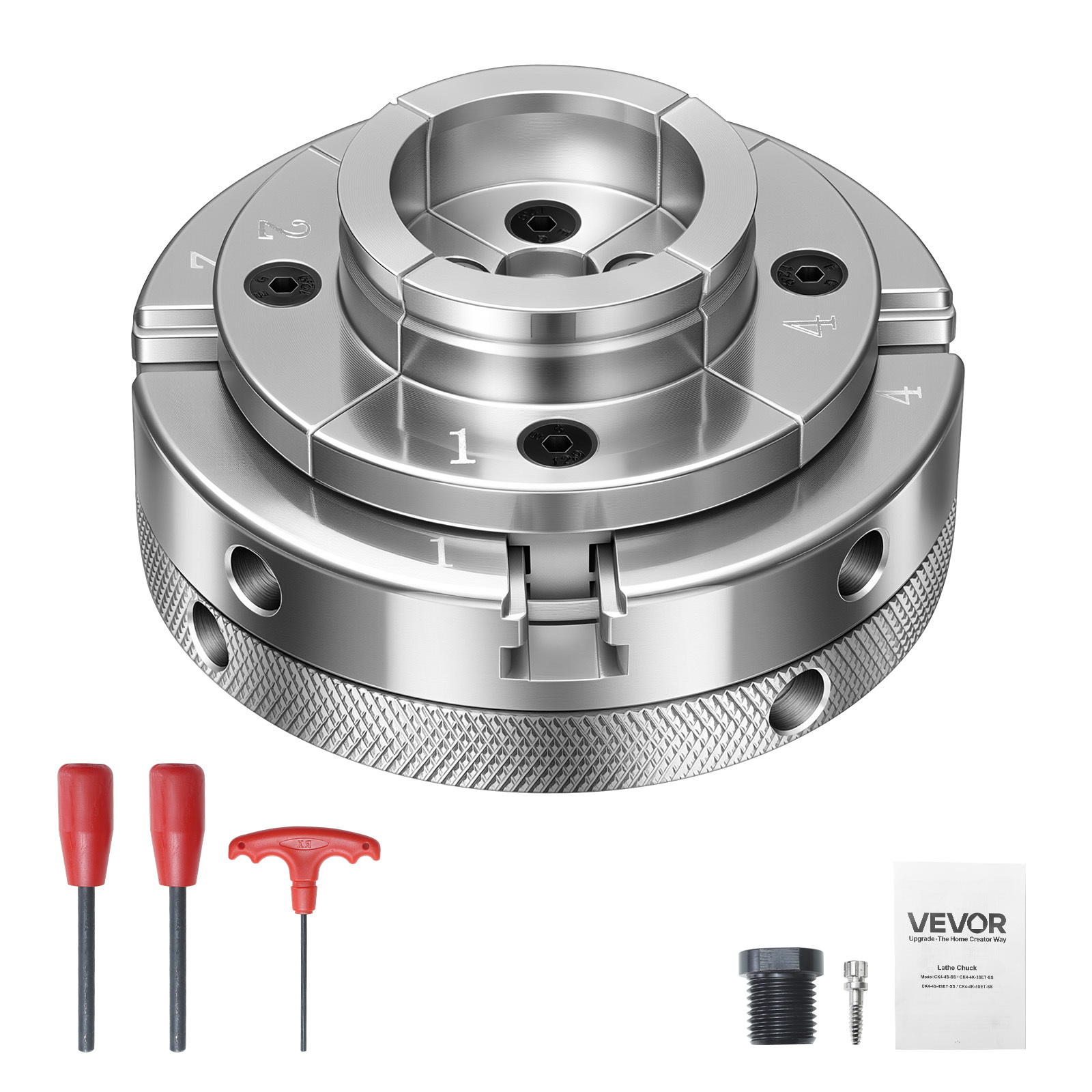 Image of Vevor 4 Inch Wood Lathe , 4-jaw, Wood Turning Set With 1" X 8tpi Thread & Adapter, Nickel-plated, High-hardness Steel, Inside Clamping & Outside Support, For Woodworking