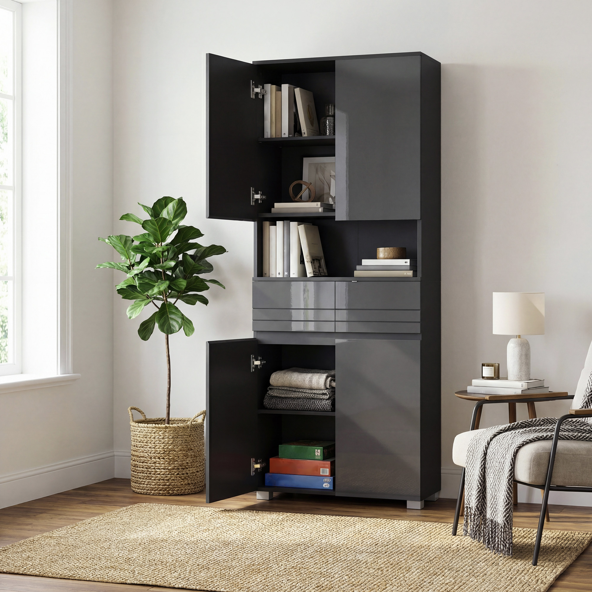 Tall Cabinet With Drawer, Adjustable Shelves, Bathroom Cabinet For Bathroom, Open Compartment, 170 Cm, Black