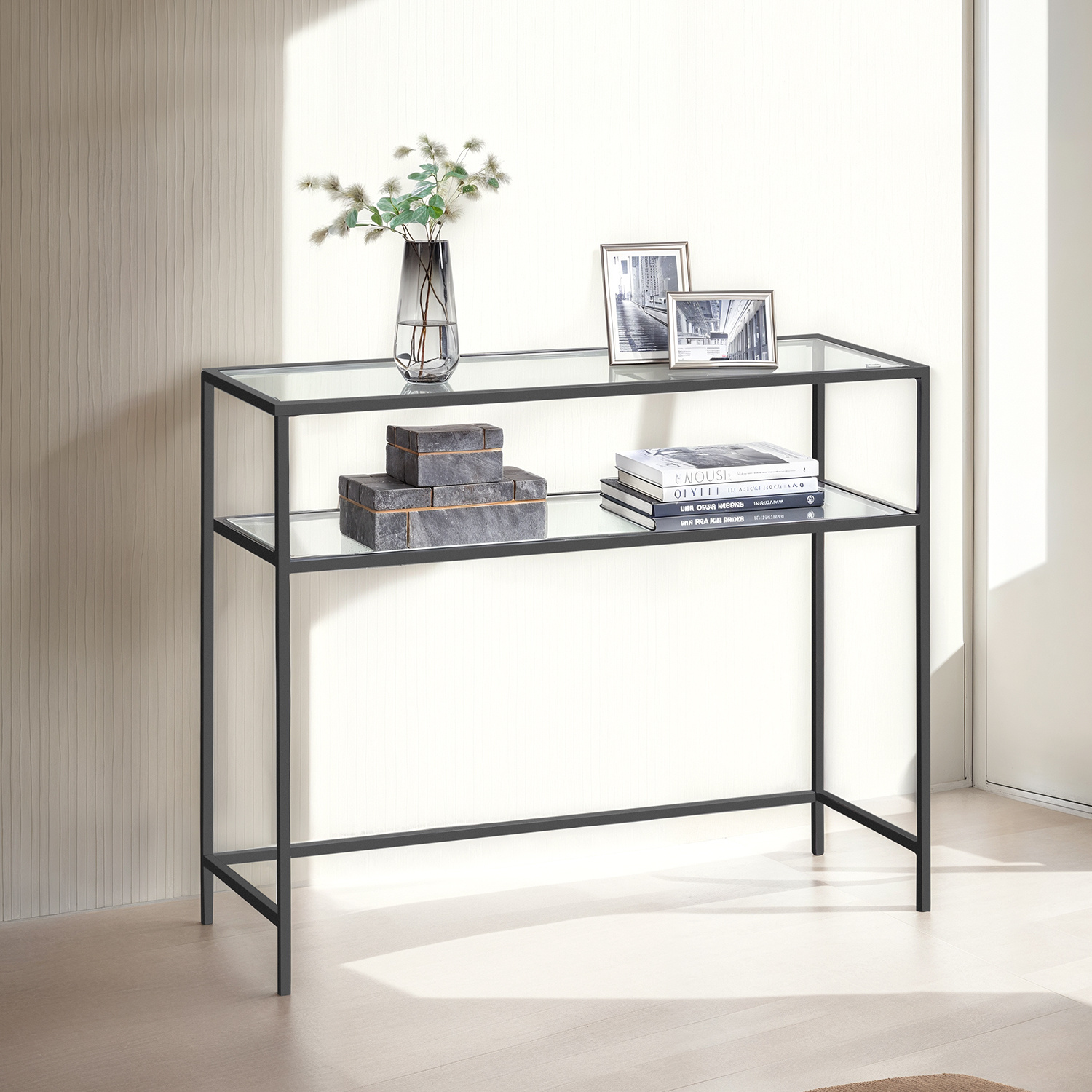 Console Table With 2 Shelves, Safety Glass, , Adjustable Feet, For Living Room And Hallway, Black