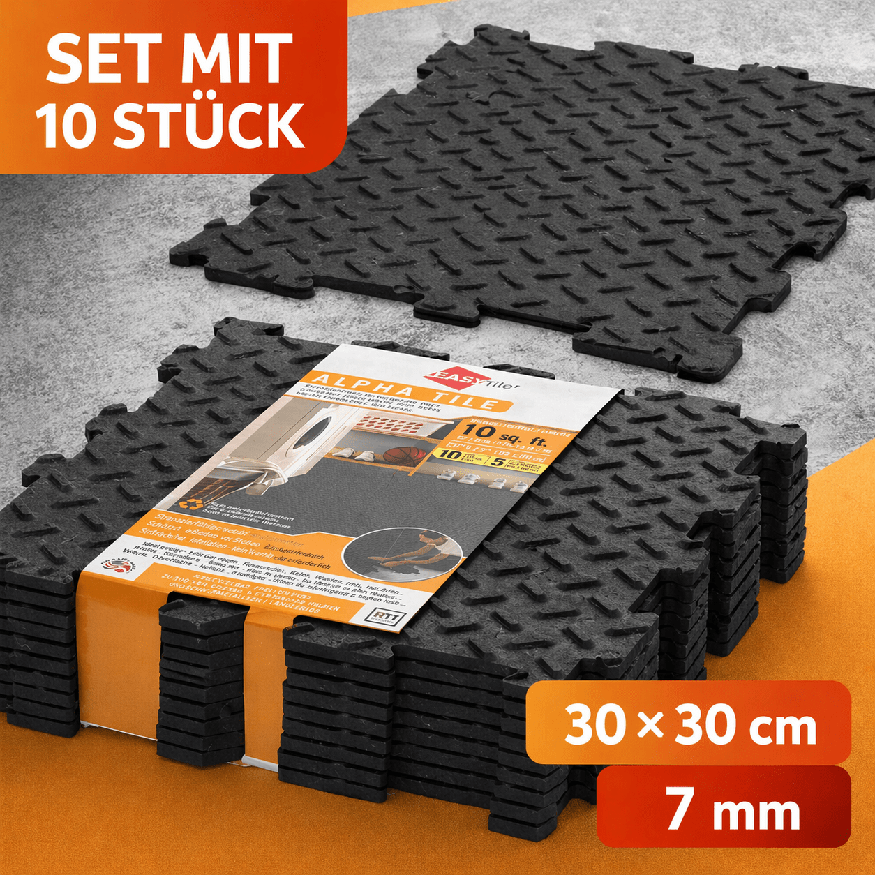 Garage Floor Tiles, Rubber, For Garage, Workshop, Basement, Terrace, 30x30 Cm, Set Of 10 Pieces, 0.9 M2, 7 Mm Thickness