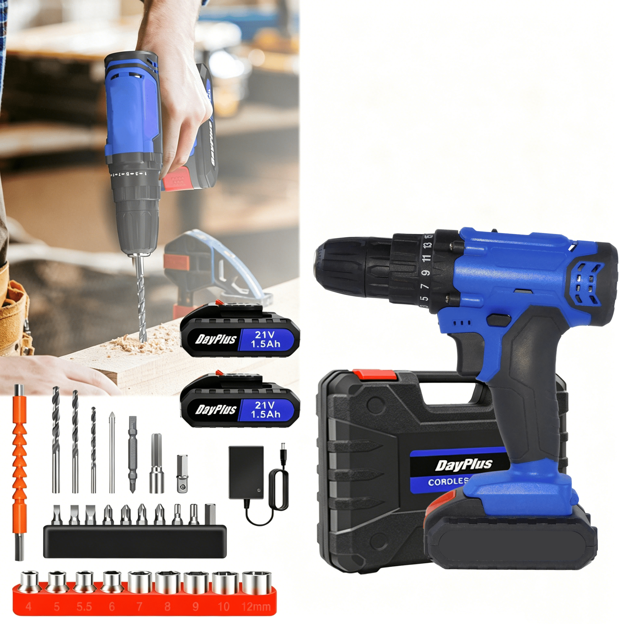 E-shop 21V Akku Bohrschrauber Set Akkuschrauber Akku-Schlagbohrschrauber Akkubohrer mit 2 Akkus, 45Nm Drehmoment Max 25+1 Drehmomentstufen, 2-Gang,