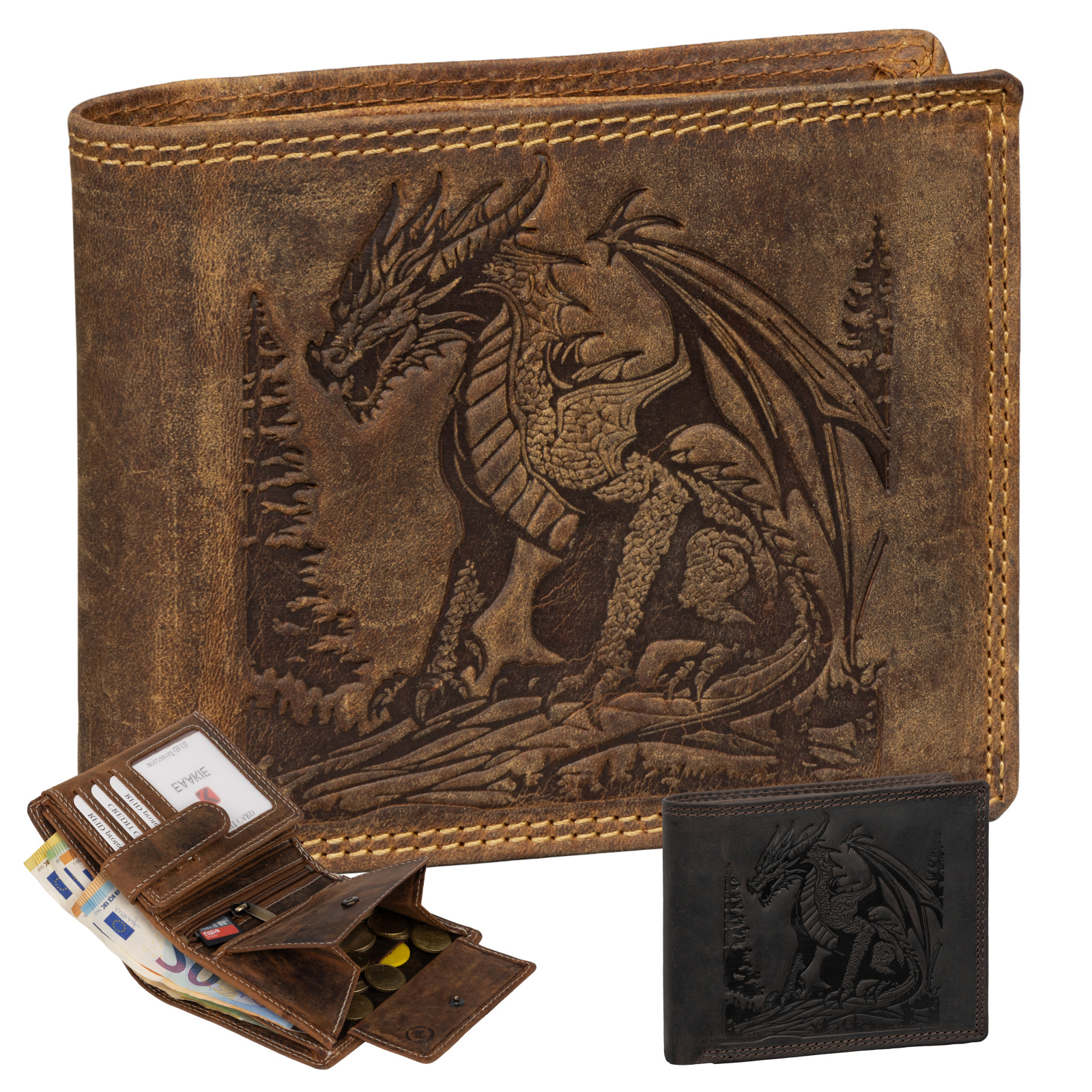 Image of Men's Real Leather Rfid Wallet Buffalo Leather With Embossed Motif Black Horizontal Format Dragon