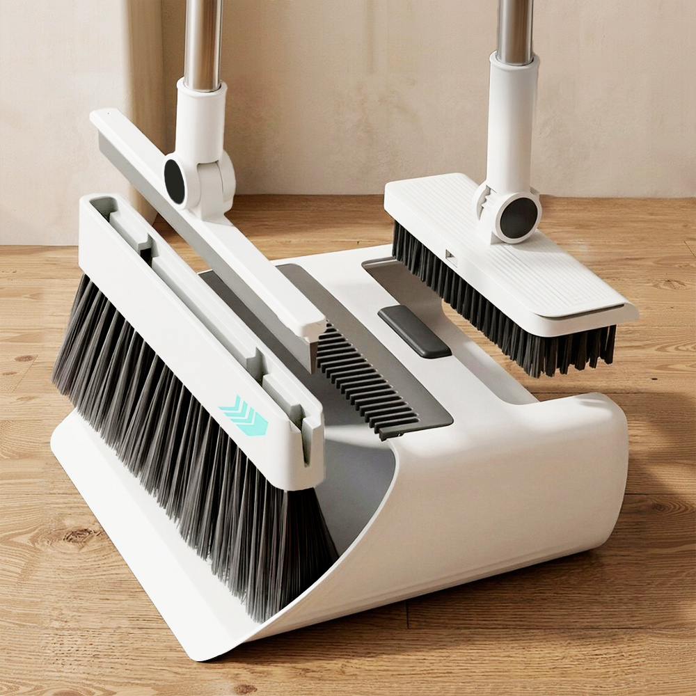 4-in-1 Broom And Dustpan Set With Floor Brush & Scraper - 180° Rotatable Head, Concealed Design, Standing Storage For Home, Kitchen & Bathroom Cleaning